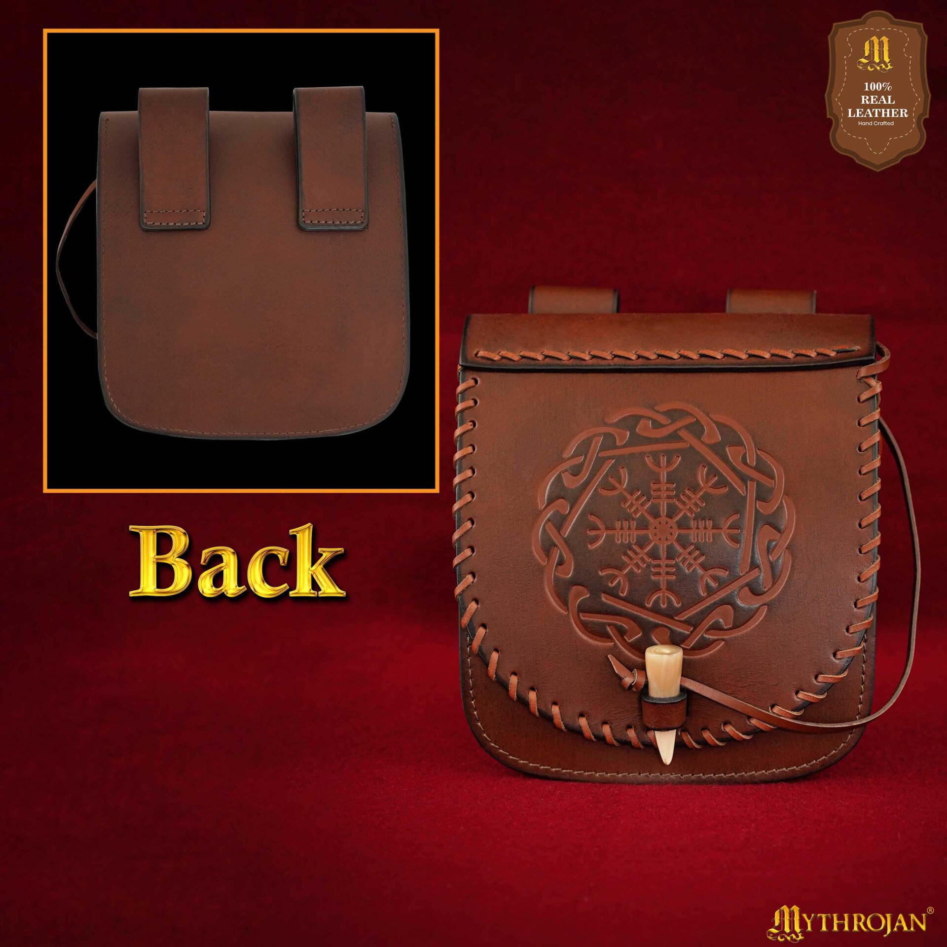 Norse Leather Belt Pouch Vegvísir Symbol with bone toggle-300798BRE 4 Leather Belt Bag