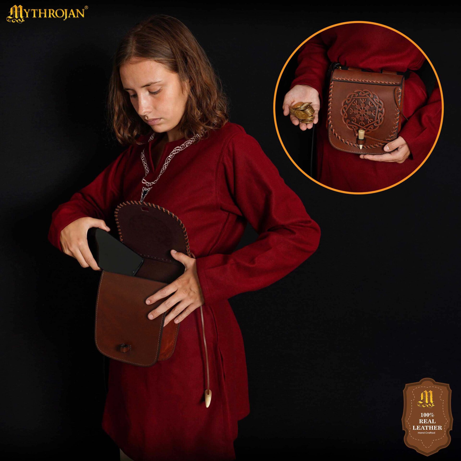 Norse Leather Belt Pouch Vegvísir Symbol with bone toggle-300798BRE 6 Leather Belt Bag