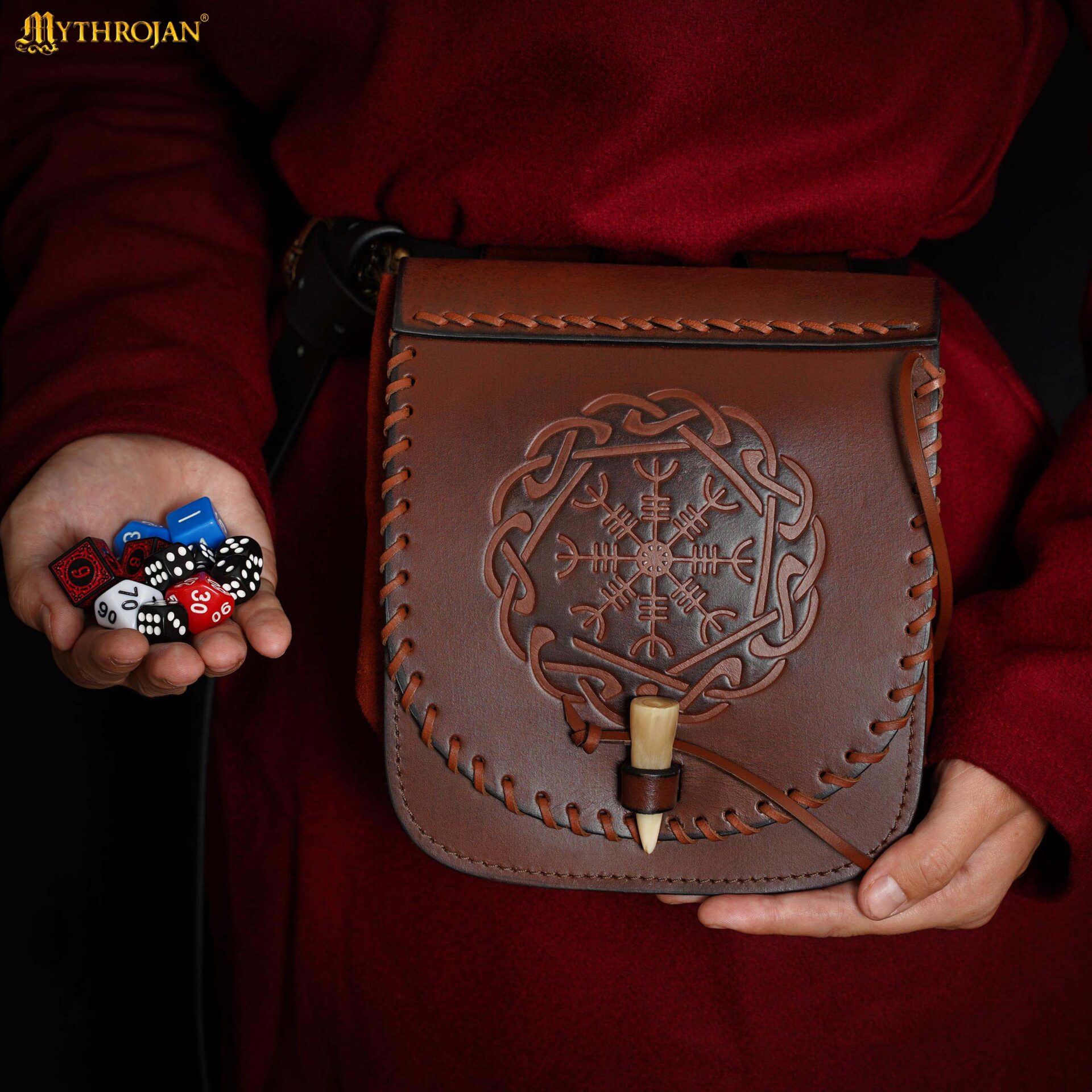 Norse Leather Belt Pouch Vegvísir Symbol with bone toggle-300798BRE Leather Belt Bag