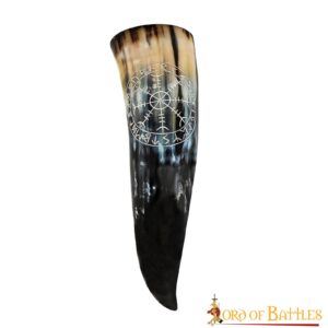 Genuine Drinking Horn with Hand-Carved Aegishjalmur / Helm of Awe Motif