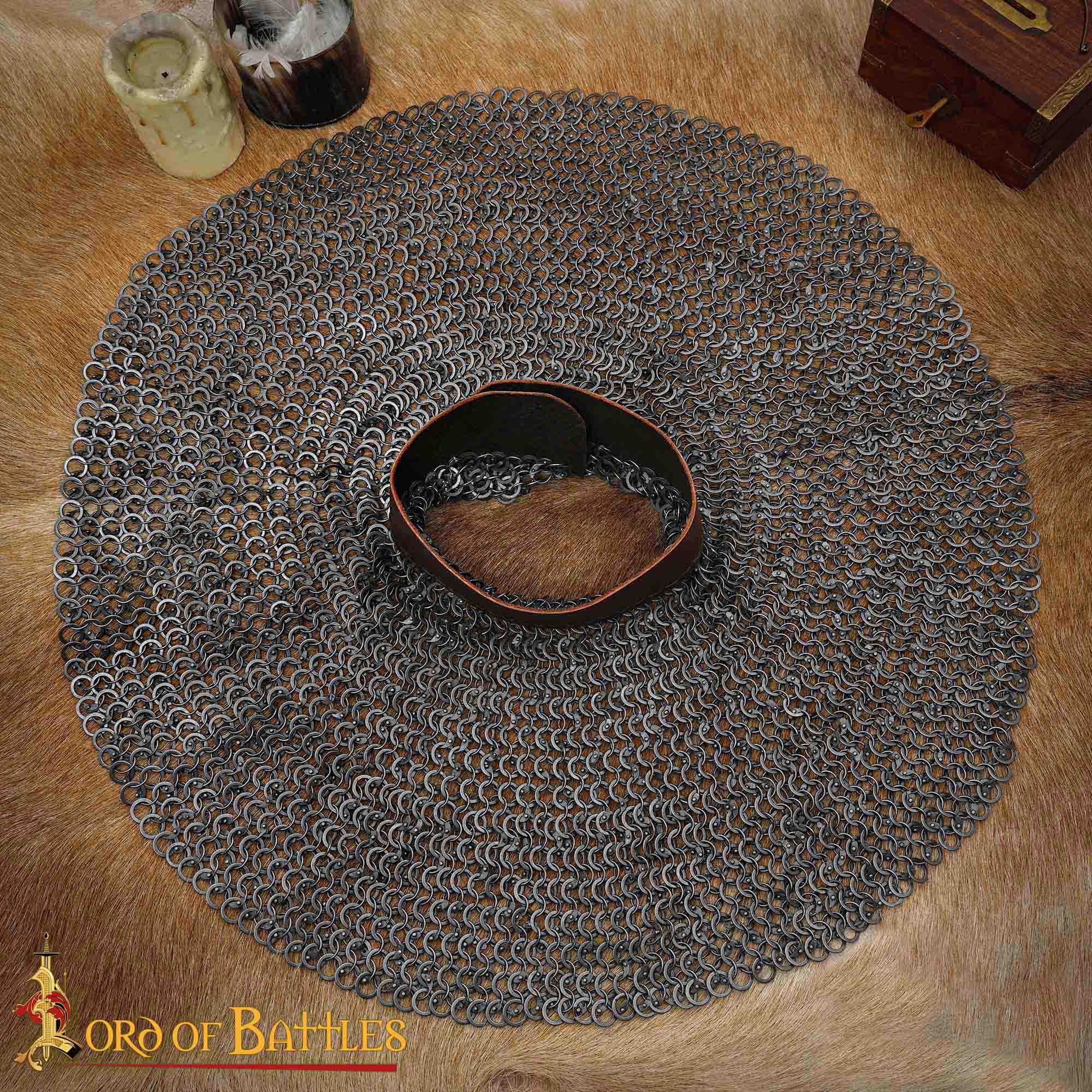 Chainmail Aventail – 9mm Riveted Round Ring with Alternating Flat Solid Rings, – 17 Gauge, Mild Steel, Natural – Ideal for LARP, Cosplay & Film Costumes