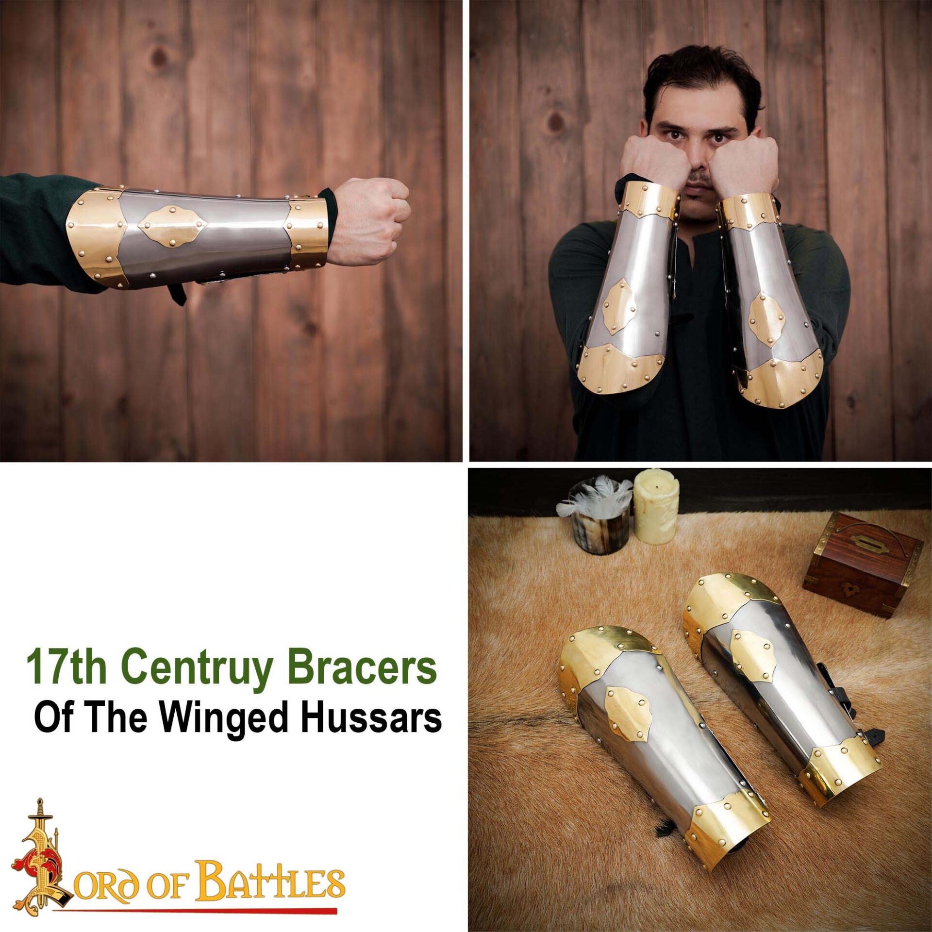 17th Century Winged Hussar Bracers,16 Gauge Mild Steel with Brass Fittings Hussar Bracers
