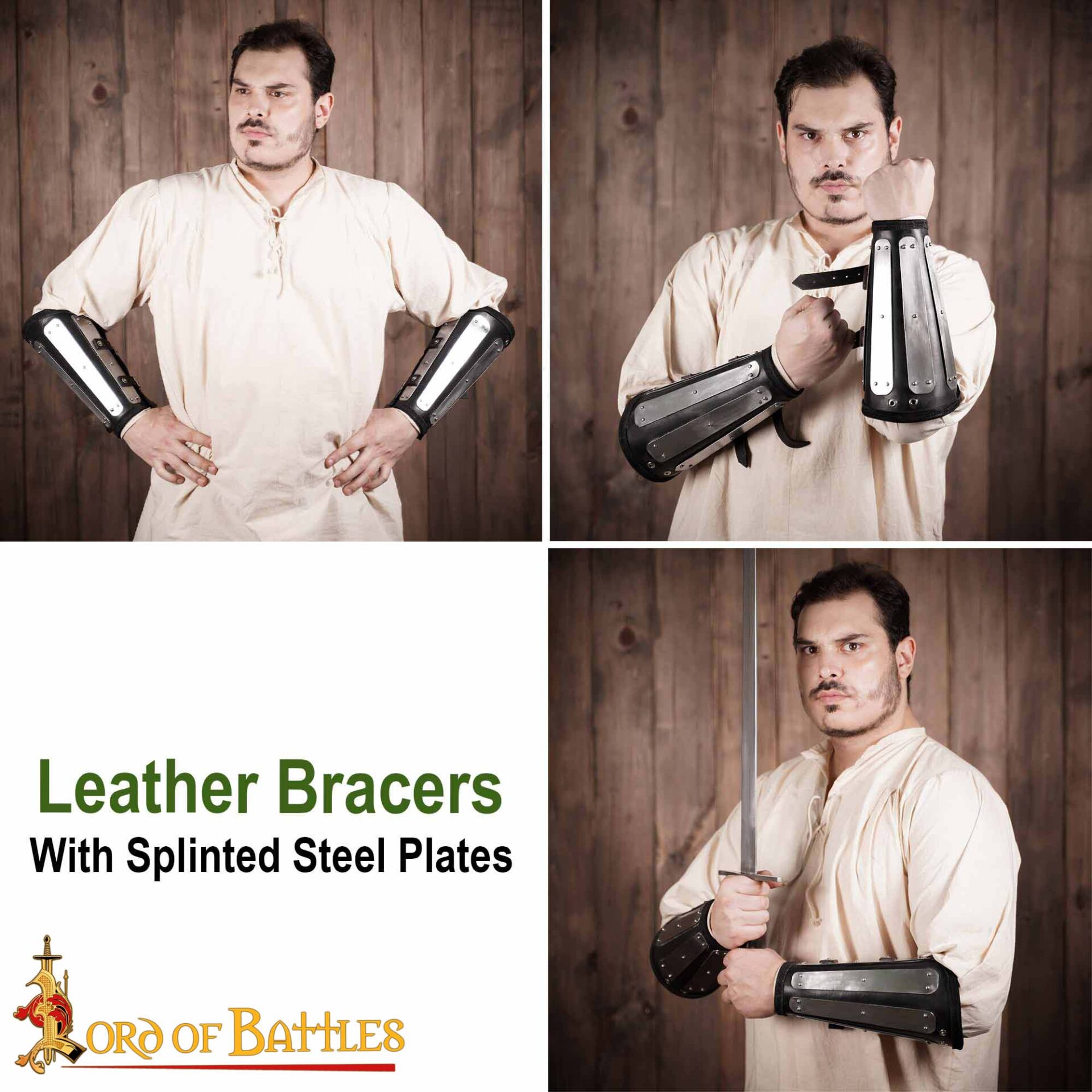 Medieval Bracers-25917BK 8 Medieval Leather & Steel Splint Bracers