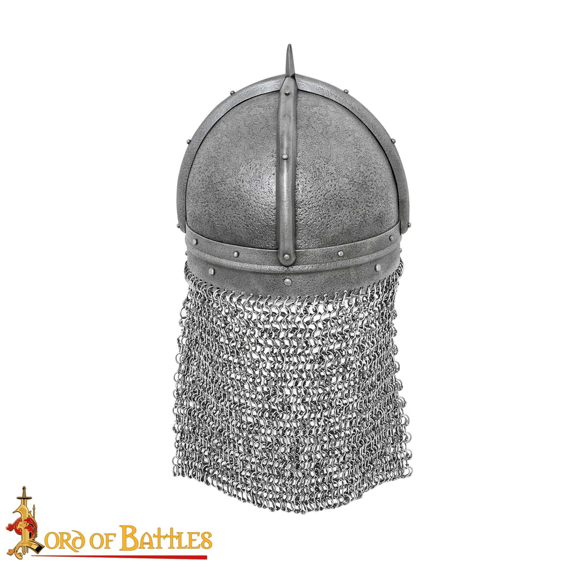 Viking Gjermundbu Antique Steel Helmet with Genuine Leather Liner and Riveted Camail 16 gauge