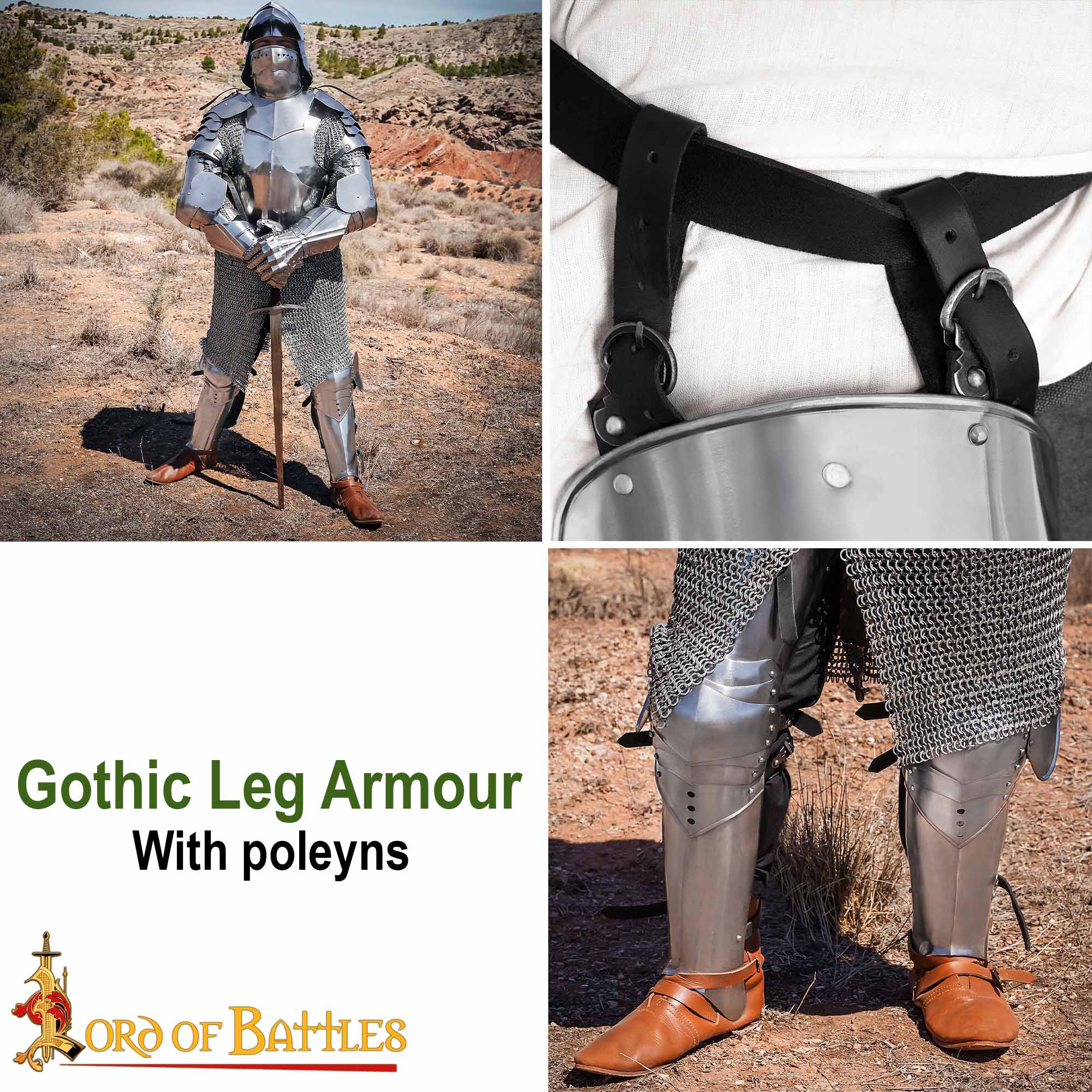 Gothic Knight Leg Armor with Poleyns – 16 Gauge Polished Steel leg armor
