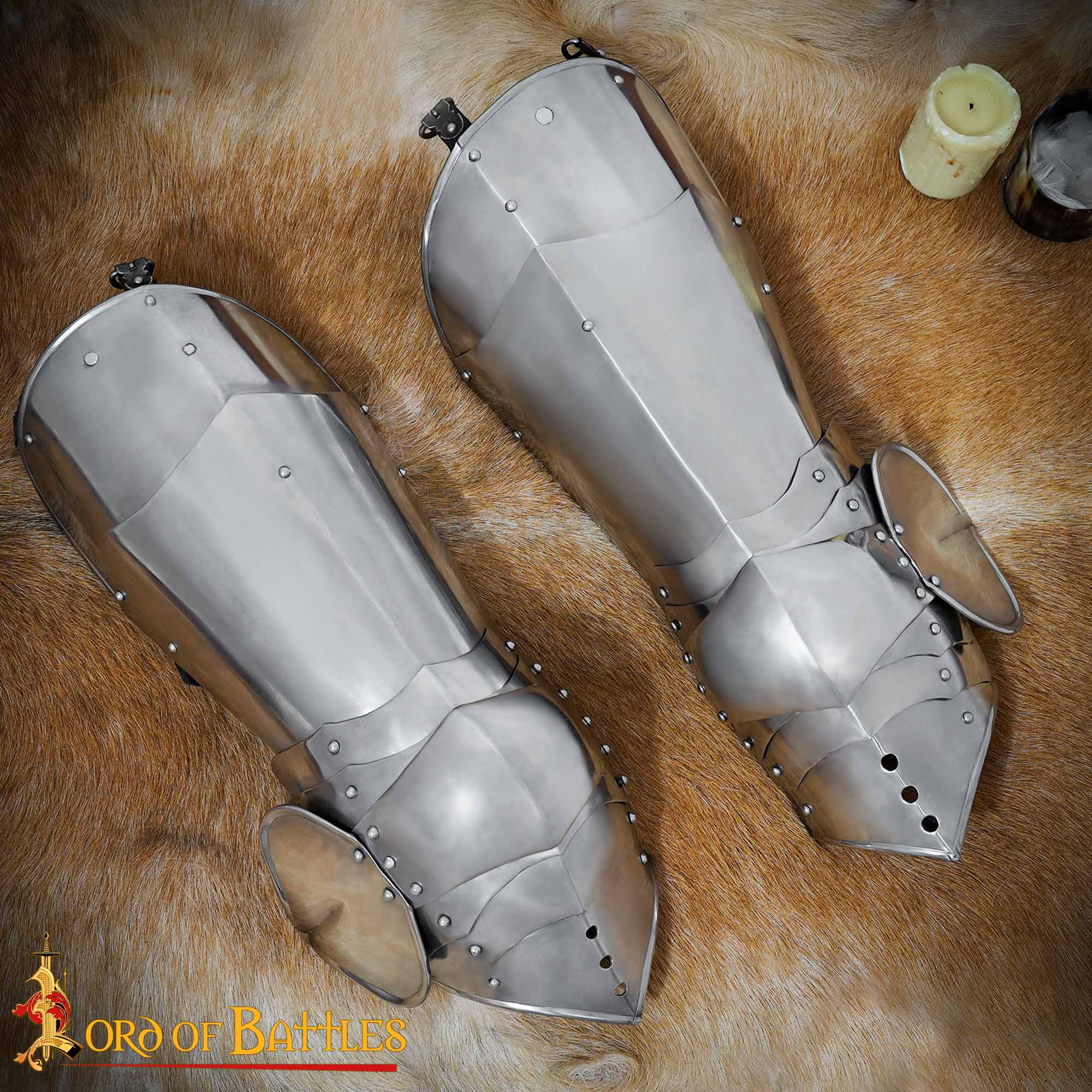 Gothic Knight Leg Armor with Poleyns – 16 Gauge Polished Steel leg armor