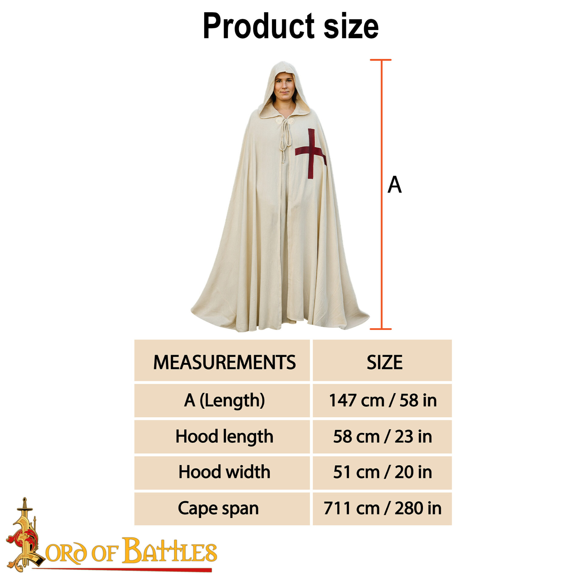 13th Century Teutonic Crusader Hooded Cape - Cotton Cloak with Cross Teutonic Crusader Hooded Cape