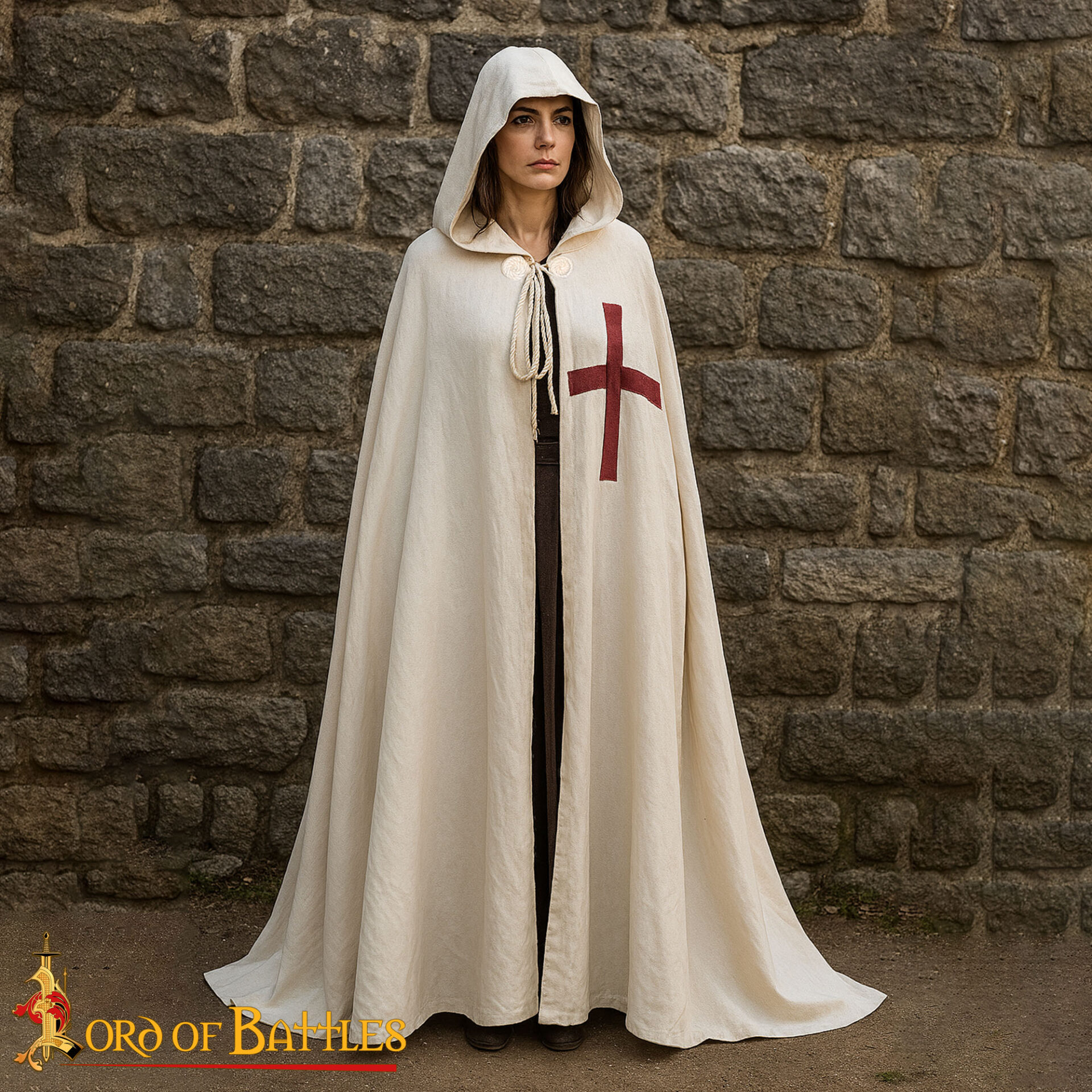 13th Century Teutonic Crusader Hooded Cape - Cotton Cloak with Cross Teutonic Crusader Hooded Cape