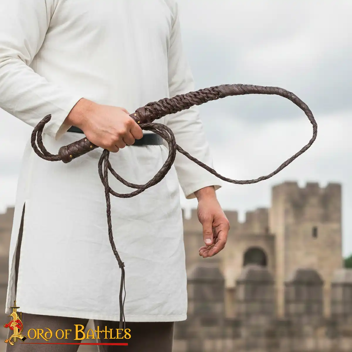 Rustic Medieval Leather Bull Whip, Hand-Braided Craftsmanship with Brass Rivets Rustic Medieval Leather Bull Whip, Hand-Braided Craftsmanship with Brass Rivets - Image 2