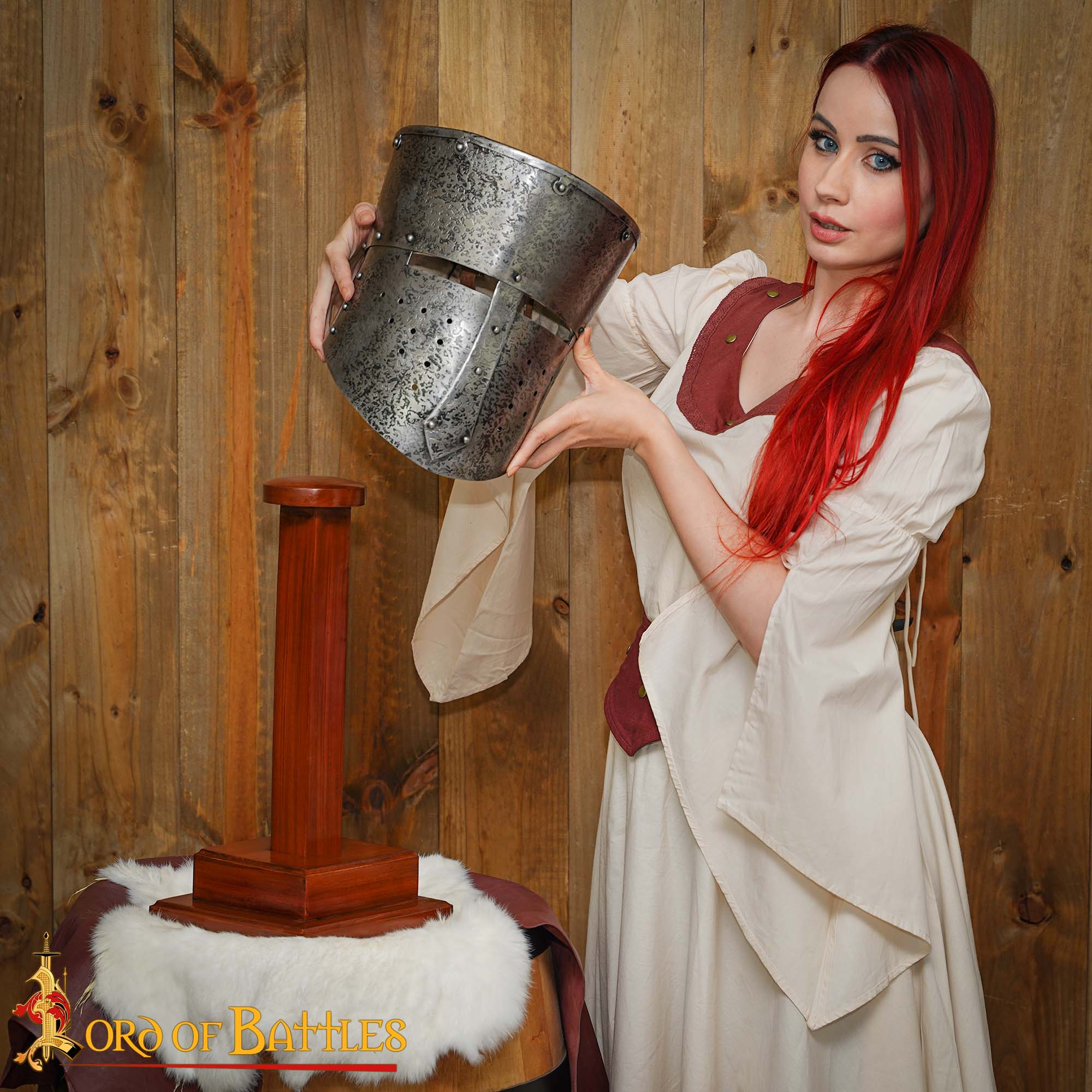 Wooden Helmet Stand for Medieval Helmets with or without Aventail