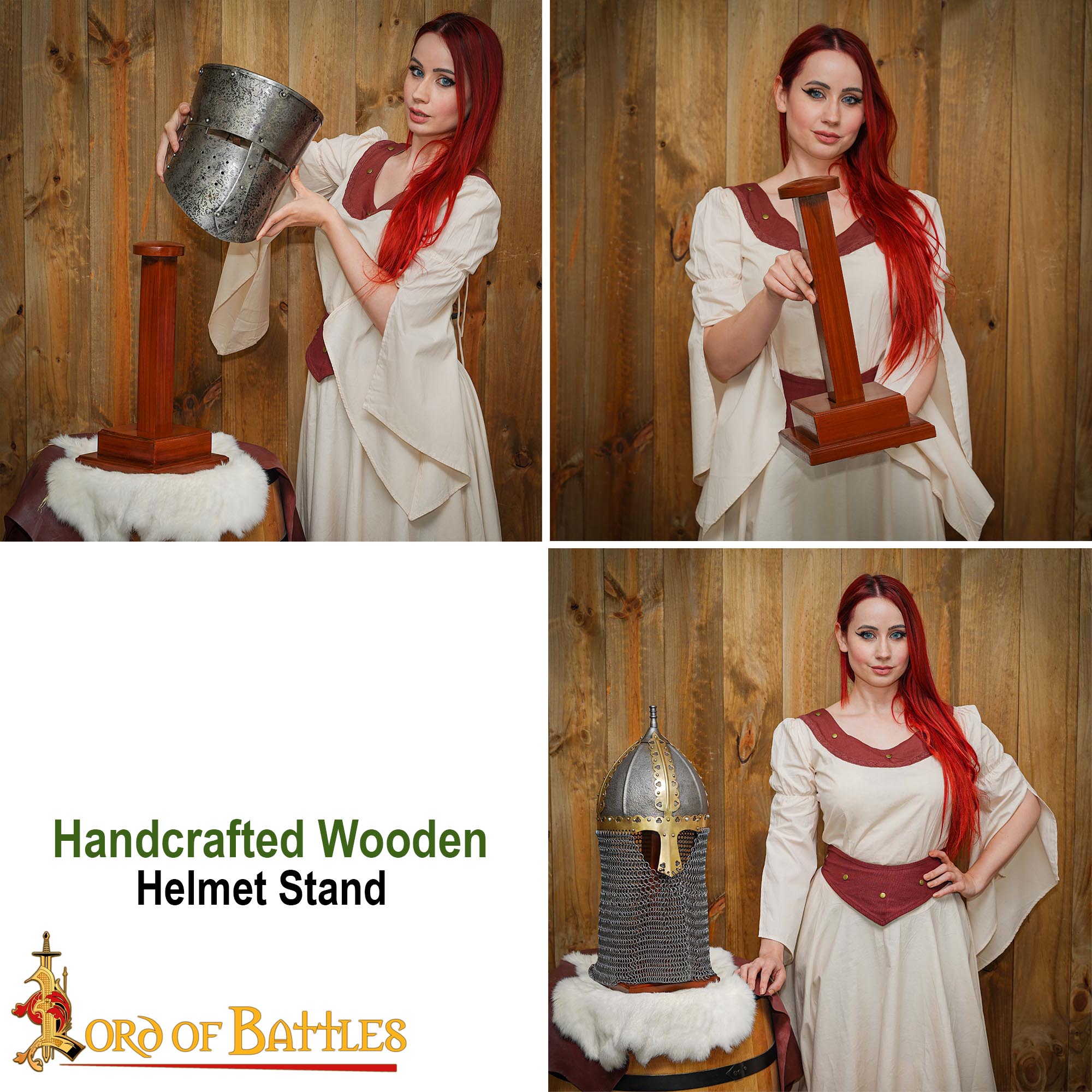 Wooden Helmet Stand for Medieval Helmets with or without Aventail