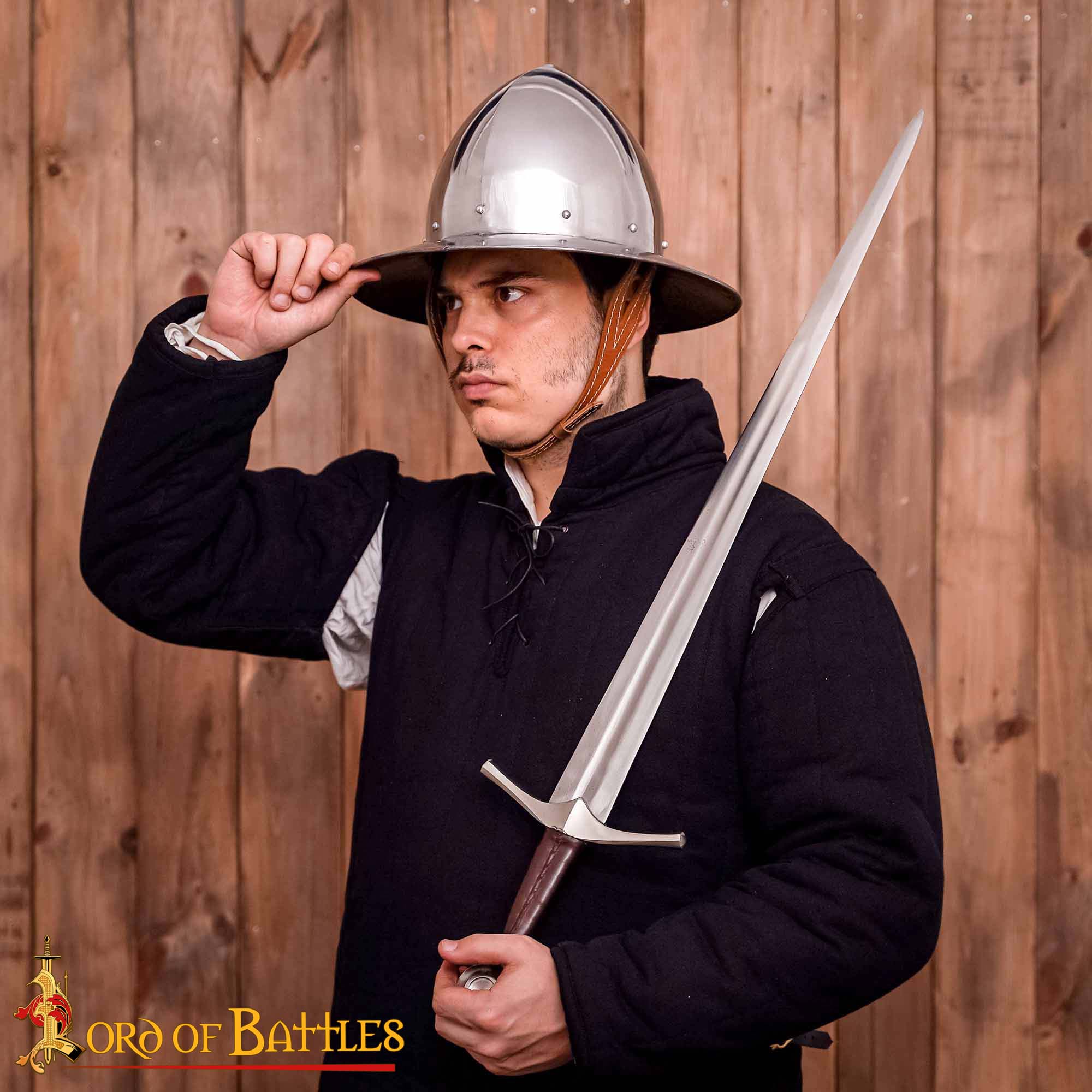 14th Century Kettle Hat – Hand-Made 16 Gauge Polished Steel Helmet with Leather Suspension Kettle Hat