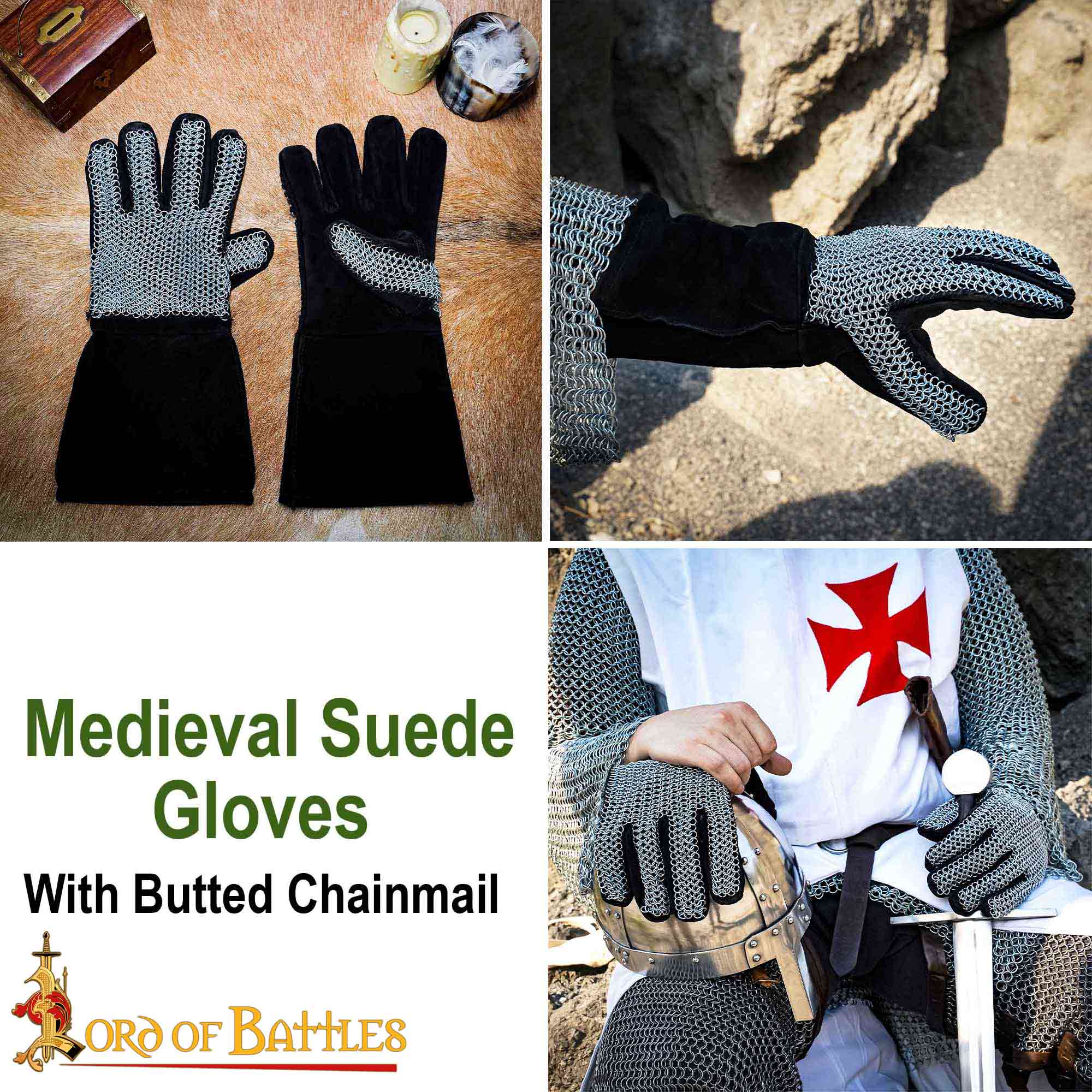 Medieval Mail sets and gauntlets-6803BK 6 Chainmail Gloves – 6mm Butted Ring – Ideal for LARP, Cosplay & Reenactments