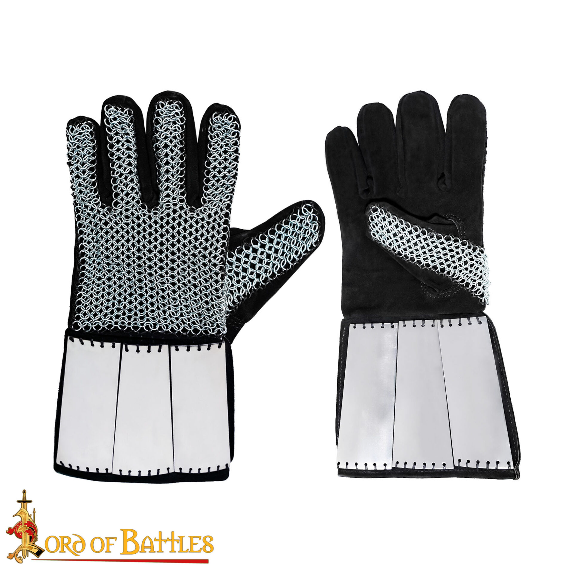 Medieval Mail sets and gauntlets-9411P 3 Chainmail Gauntlets with Steel Bracers & Suede Inner Gloves – 6mm – Ideal for LARP, Cosplay & Reenactments