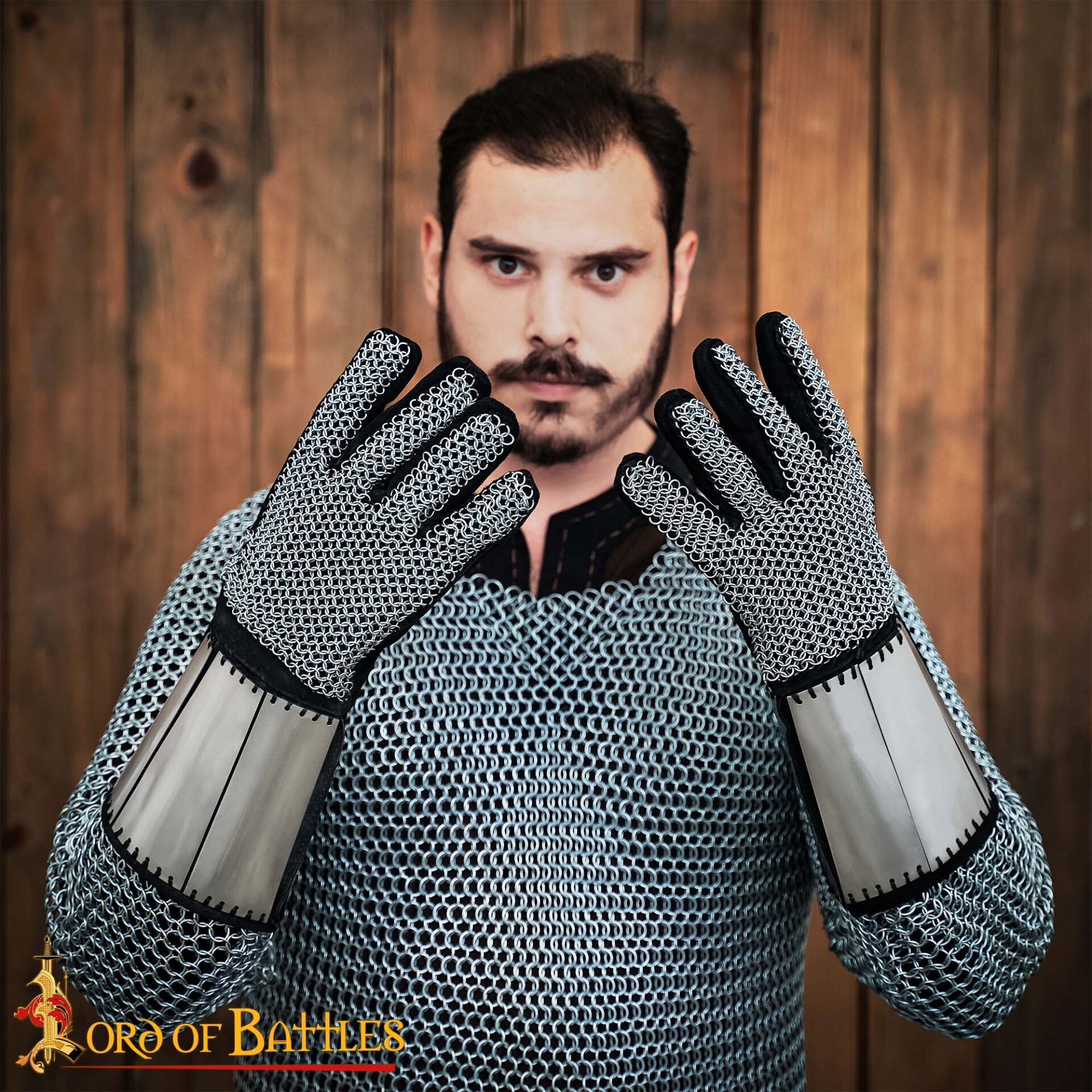 Medieval Mail sets and gauntlets-9411P Chainmail Gauntlets with Steel Bracers & Suede Inner Gloves – 6mm – Ideal for LARP, Cosplay & Reenactments