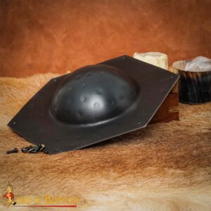 Hand-forged hexagonal steel shield umbo with hammered finish and mounting rivets