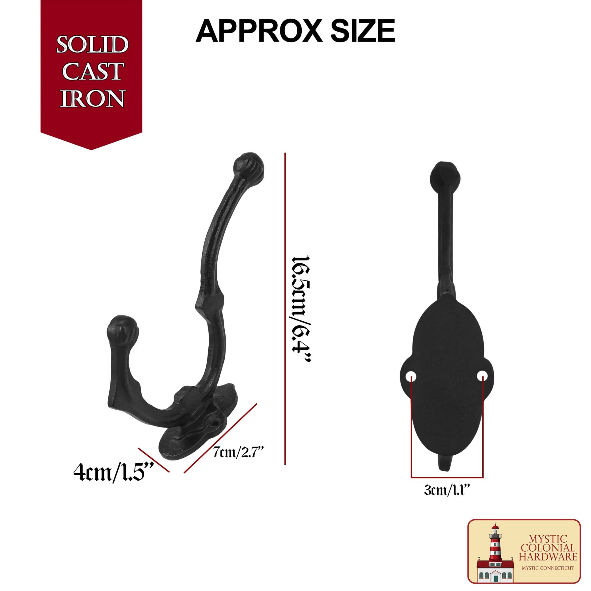 Victorian Era Solid Cast Iron Wall Hooks-500233OBL-2SET 2 Rustic Cast Iron Wall Hooks, Heavy Duty Retro Utility Hooks for Hanging Coat, Bag, Towel, Robe, Hat and More, Black : Large