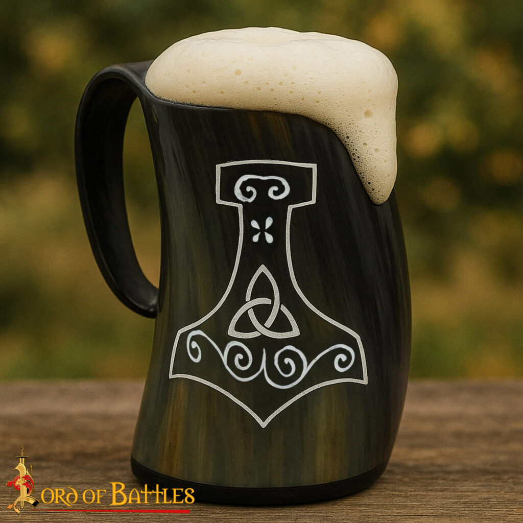 Medieval Viking Mjolnir Horn Tankard Beer Mug Handcrafted Genuine Ox Horn