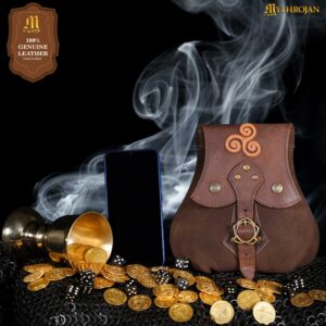 MYTHROJAN “STALWART WARRIOR” LEATHER POUCH for LARP, Medieval SCA cosplay Brown, 8”×8”