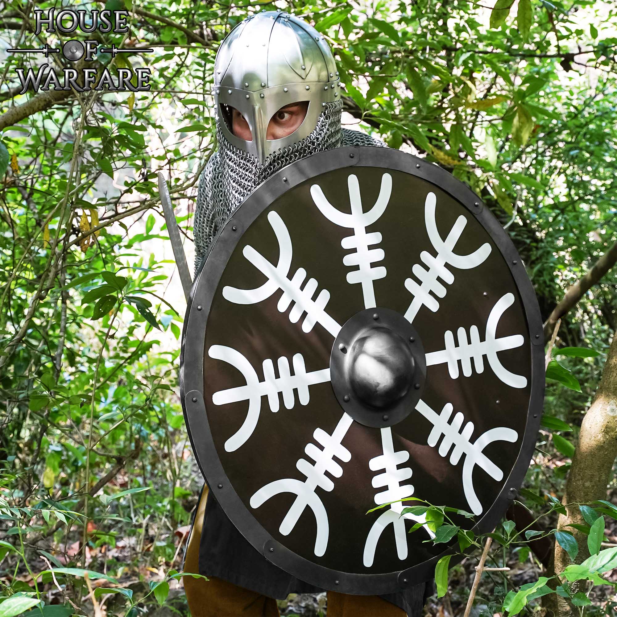 Viking Wooden Shield with Helm of Awe (Aegishjalmur) Round Painted Battle Shield with Steel Boss and Rim Wooden Shield