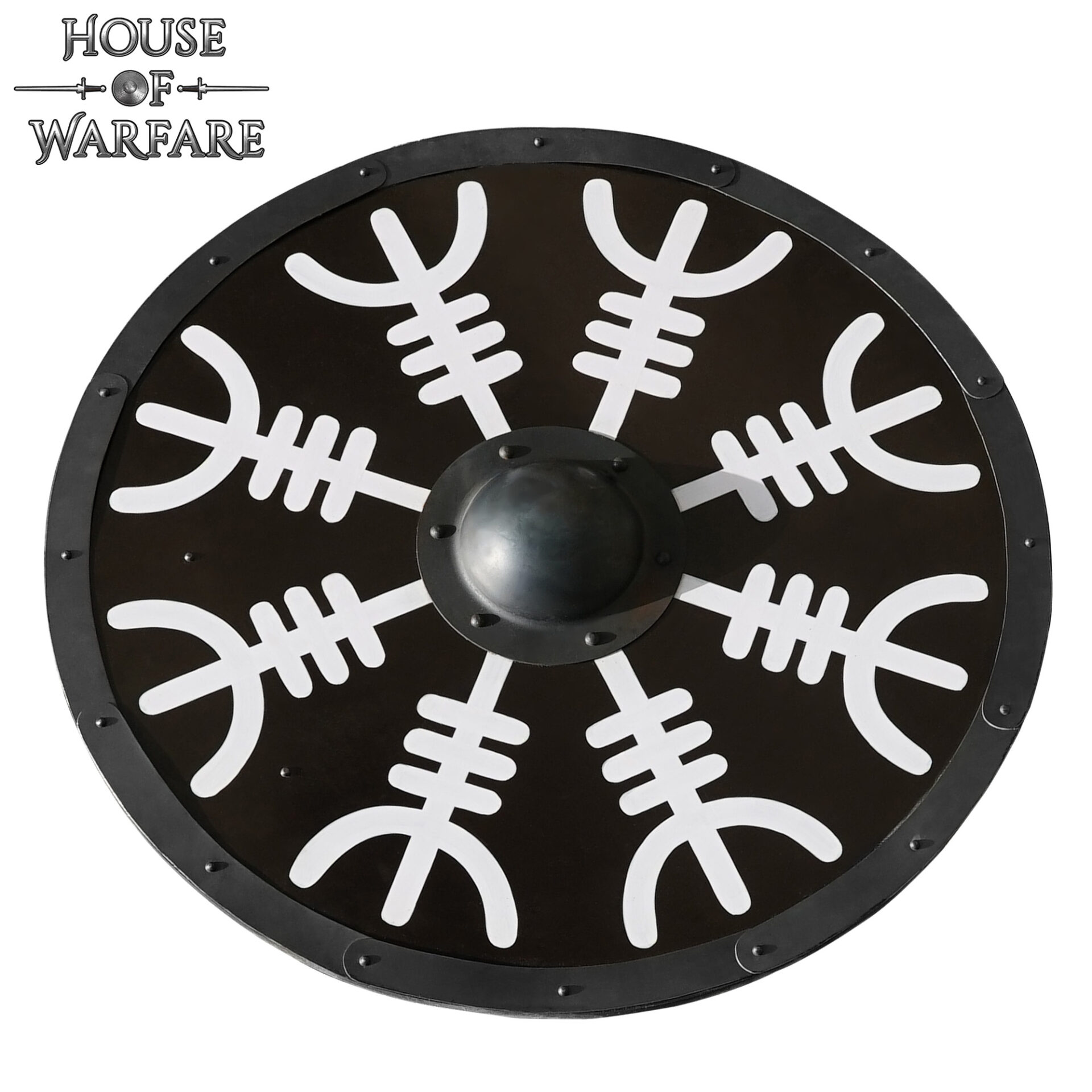 Viking Wooden Shield with Helm of Awe (Aegishjalmur) Round Painted Battle Shield with Steel Boss and Rim Wooden Shield