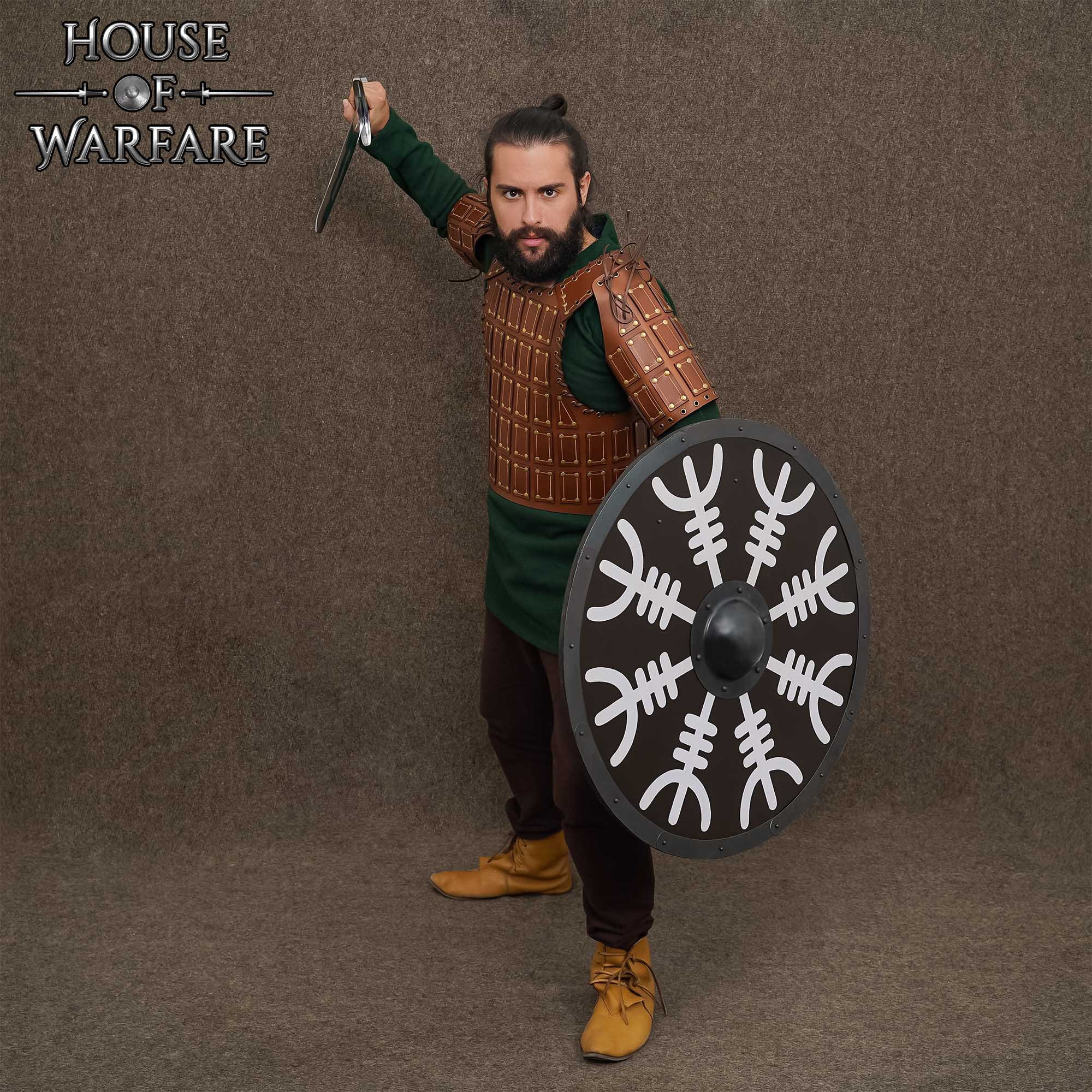 Viking Wooden Shield with Helm of Awe (Aegishjalmur) Round Painted Battle Shield with Steel Boss and Rim Wooden Shield