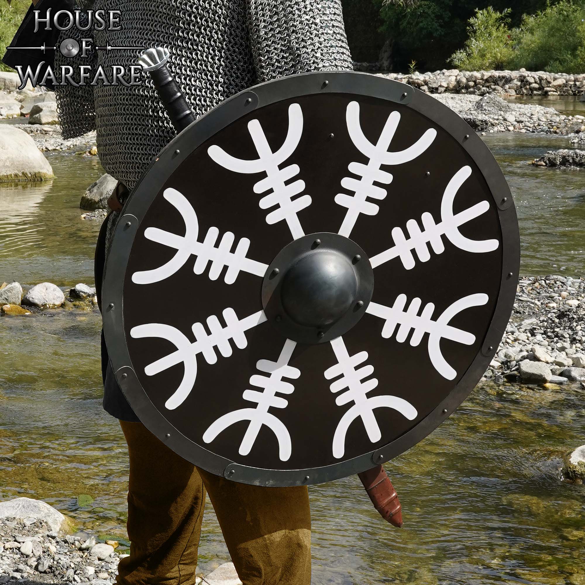 Viking Wooden Shield with Helm of Awe (Aegishjalmur) Round Painted Battle Shield with Steel Boss and Rim Wooden Shield