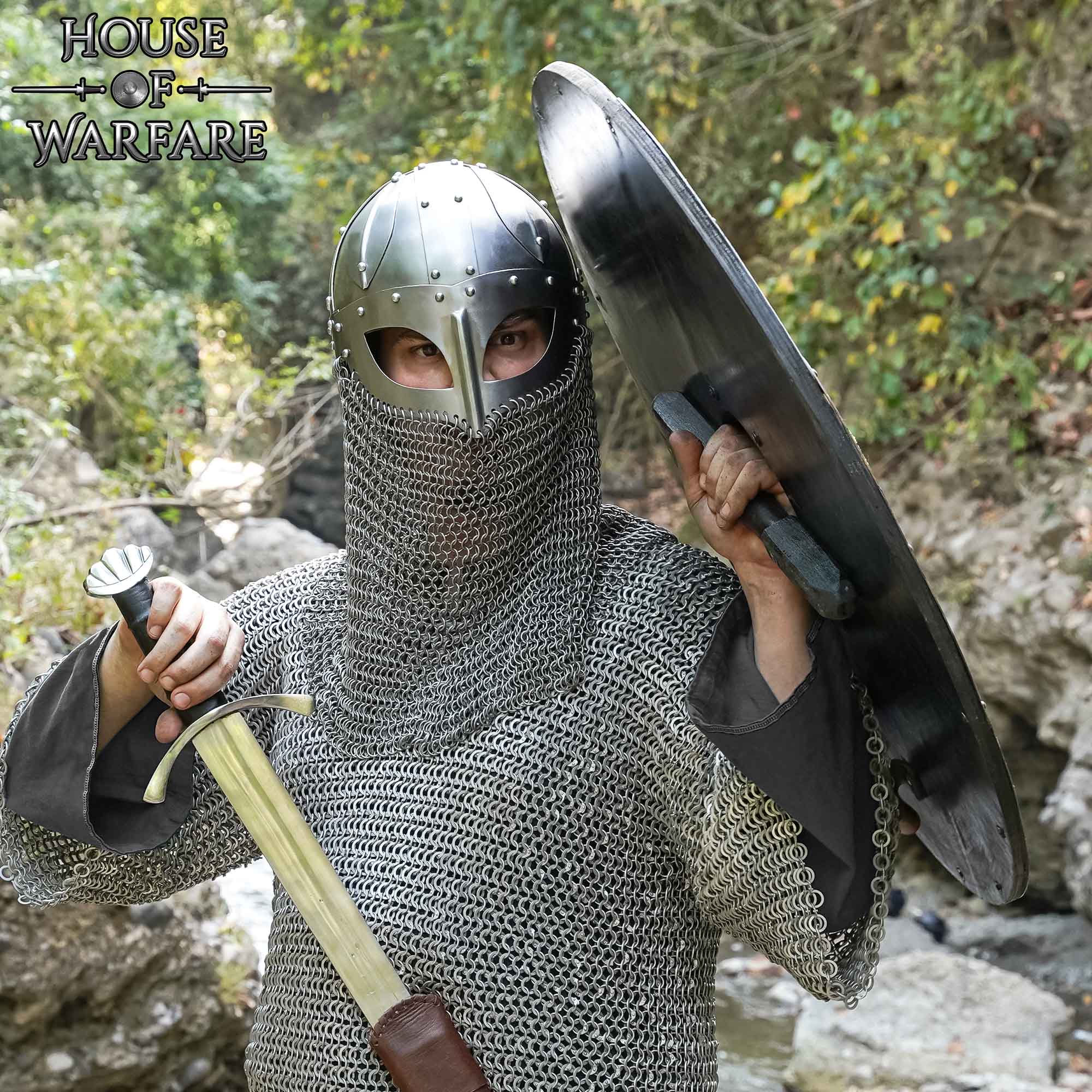 Viking Wooden Shield with Helm of Awe (Aegishjalmur) Round Painted Battle Shield with Steel Boss and Rim Wooden Shield