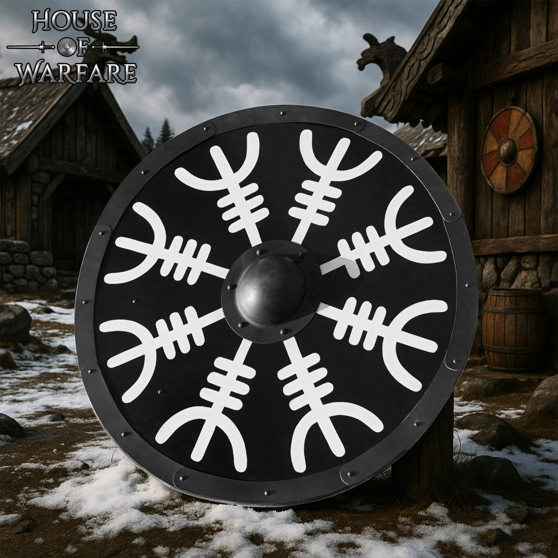 Viking Wooden Shield with Helm of Awe (Aegishjalmur) Round Painted Battle Shield with Steel Boss and Rim Wooden Shield