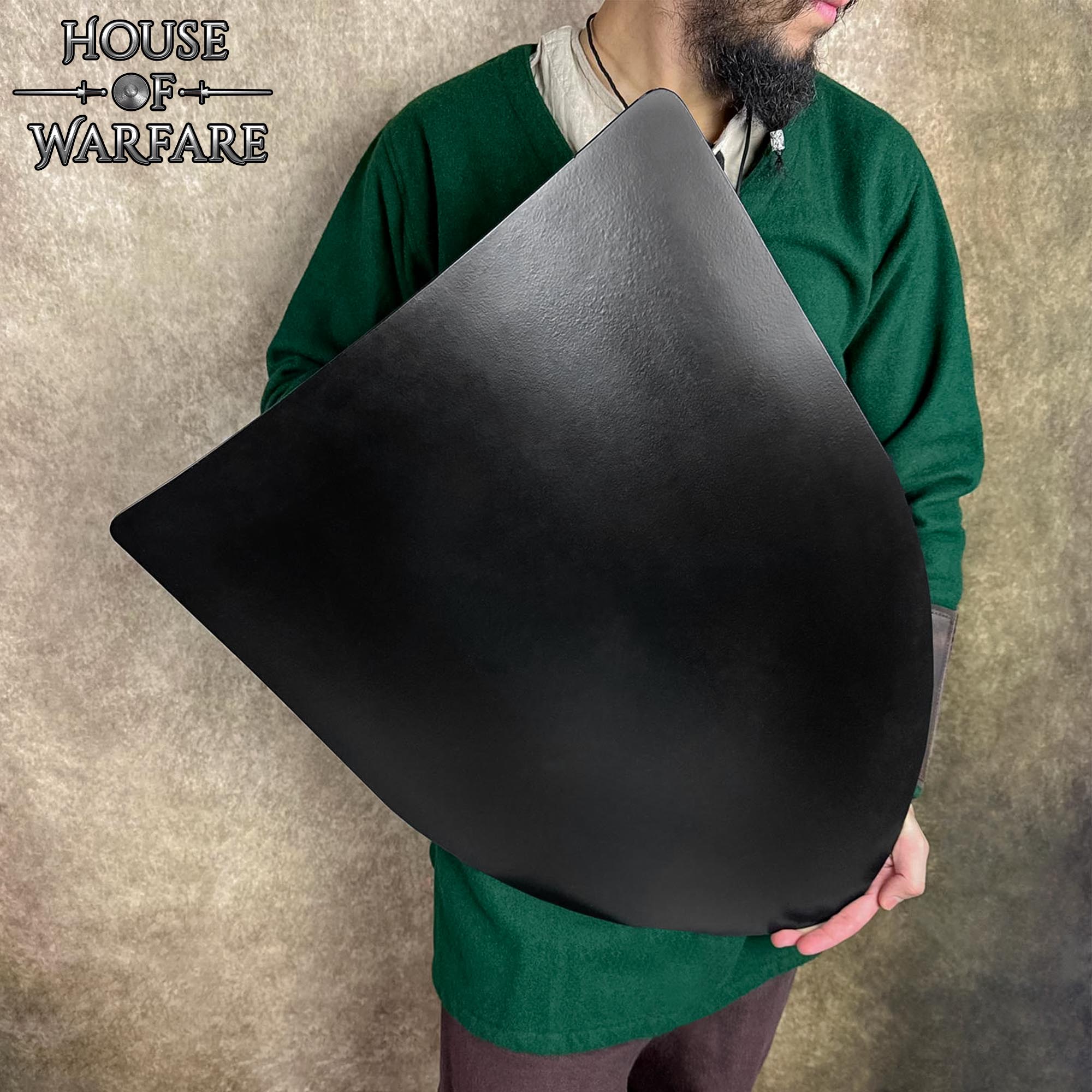 Plain Steel Battle Shield with Chain – Black Heater Shield for DIY, LARP, Stage & Customization Steel Battle Shield