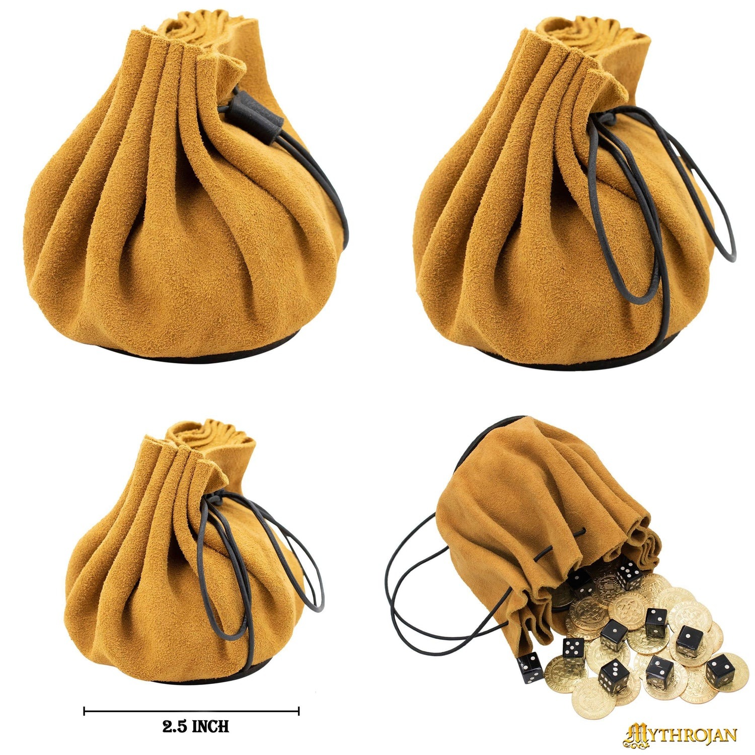 6_97ba118c-55bf-4ab6-9f8d-9d47f8 Mythrojan “ Gold and Dice ” Medieval Drawstring Pouch , Ideal for SCA LARP Reenactment & Ren fair : Suede Leather Bag , 2.5″