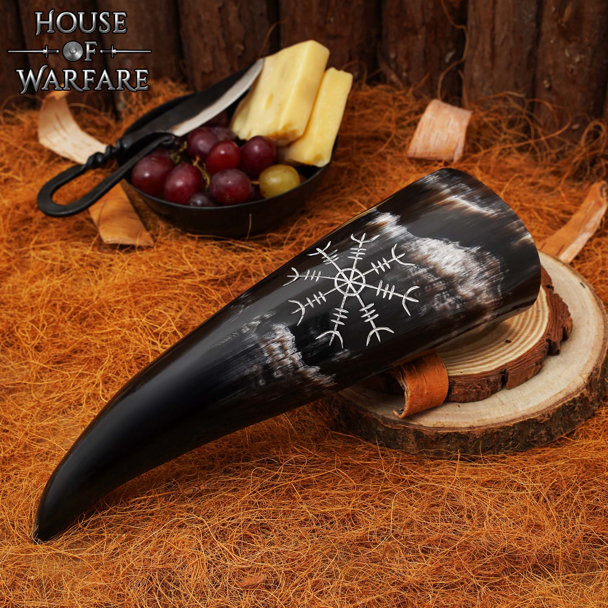 Viking Drinking Horn with Helm of Awe Design – Authentic Norse Ox Horn Vessel Drinking Horn