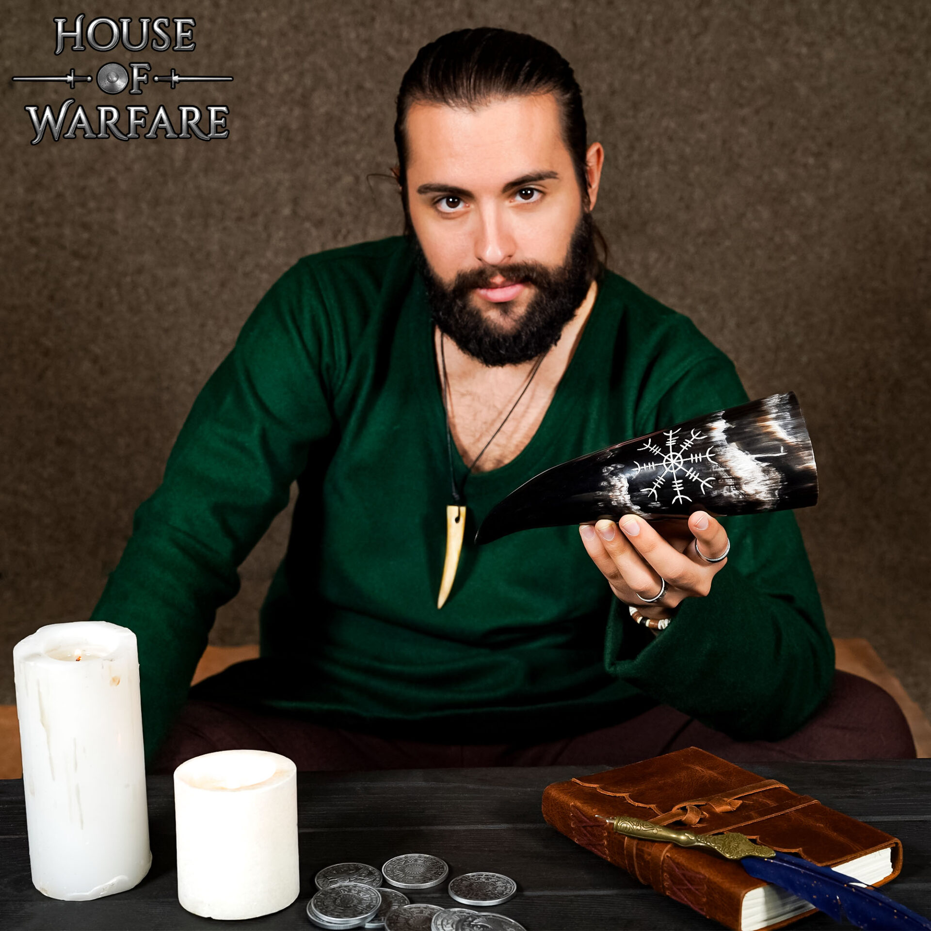 Viking Drinking Horn with Helm of Awe Design – Authentic Norse Ox Horn Vessel Drinking Horn