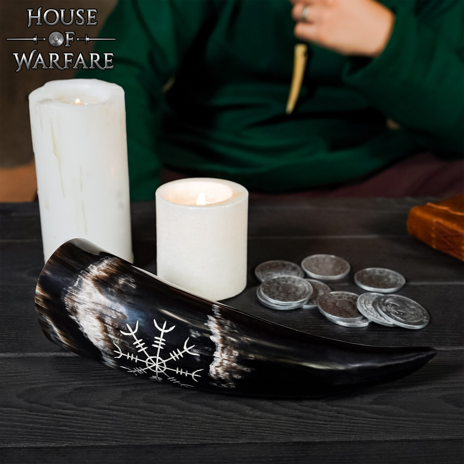 Viking Drinking Horn with Helm of Awe Design – Authentic Norse Ox Horn Vessel Drinking Horn