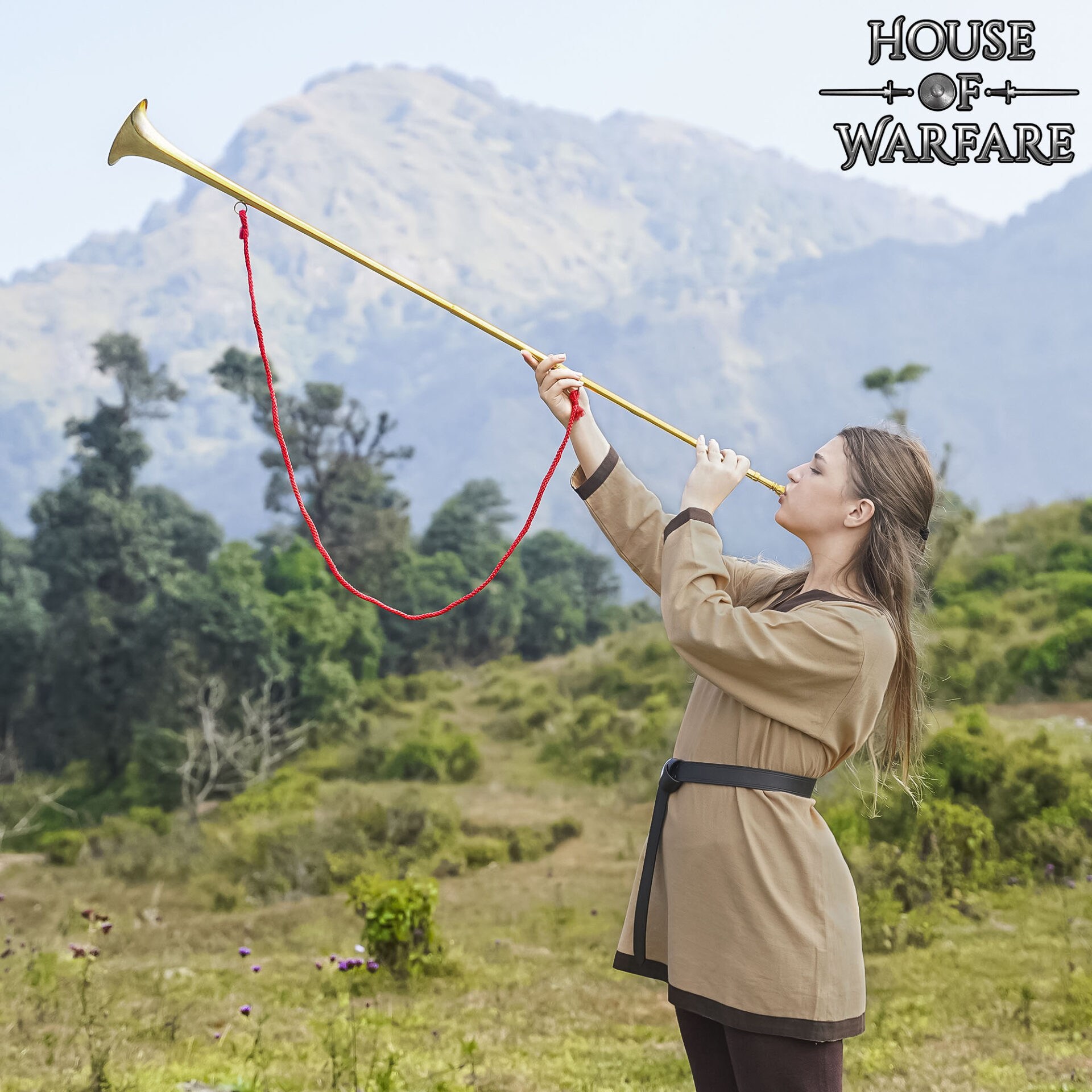 Medieval Brass Herald Trumpet – 50 Inch Polished Bugle with Red Cord Brass Trumpet