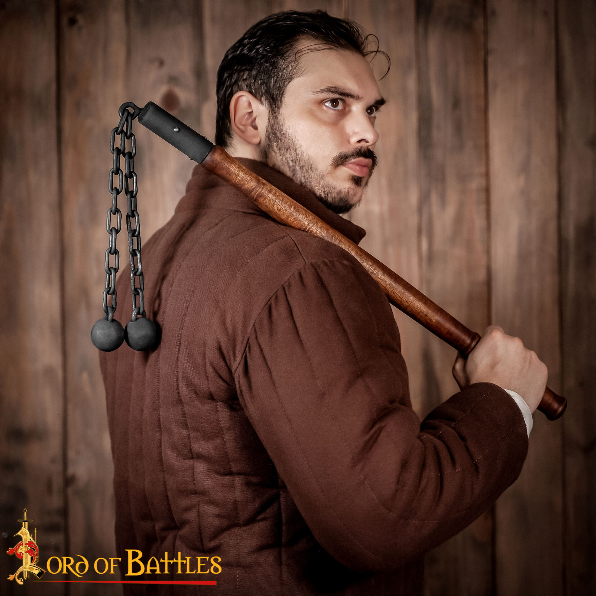 14th Century Double Ball Flail – Medieval Chain Weapon with Wooden Shaft-25567 1