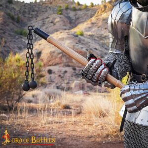 Late Medieval Battle Flail, Double Ball Iron on Chain with Solid Wood Grip