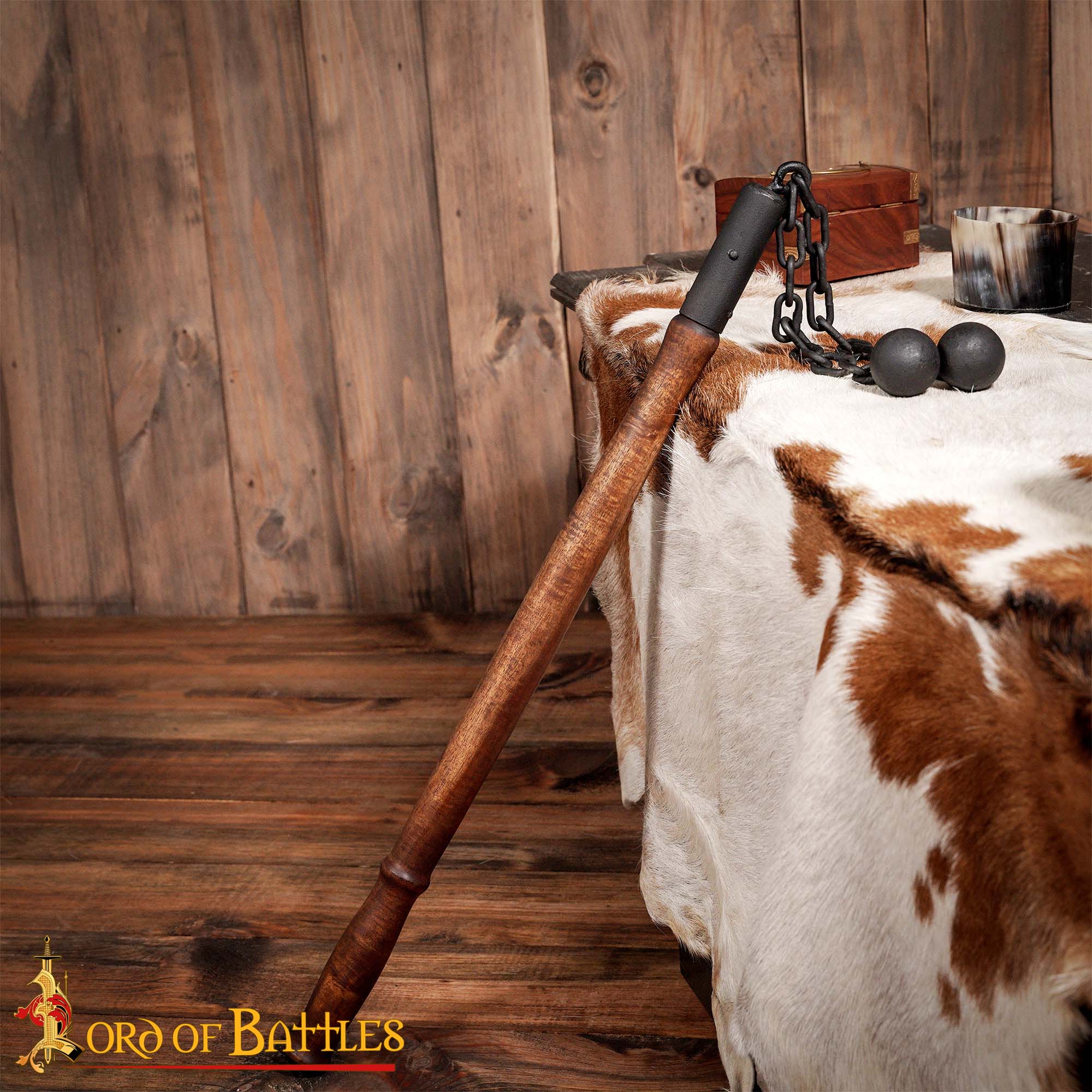 14th Century Double Ball Flail – Medieval Chain Weapon with Wooden Shaft-25567