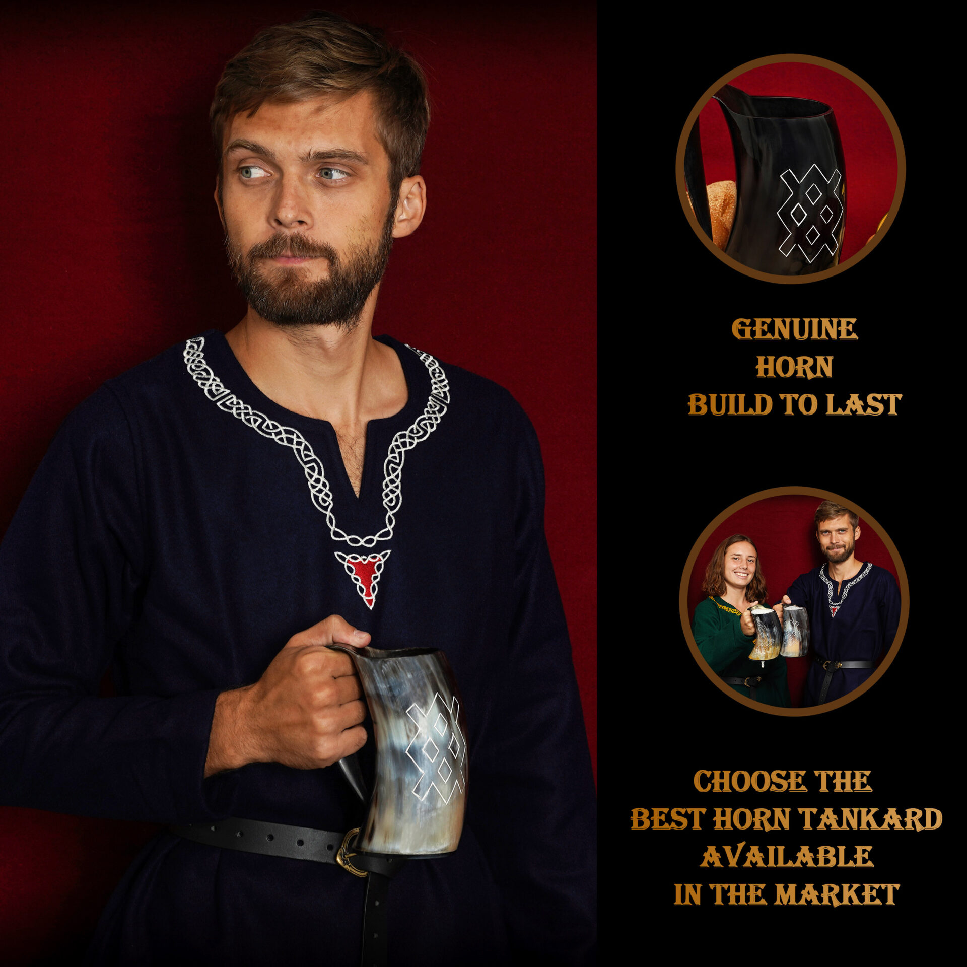 Engraved Viking Ox Horn Tankard