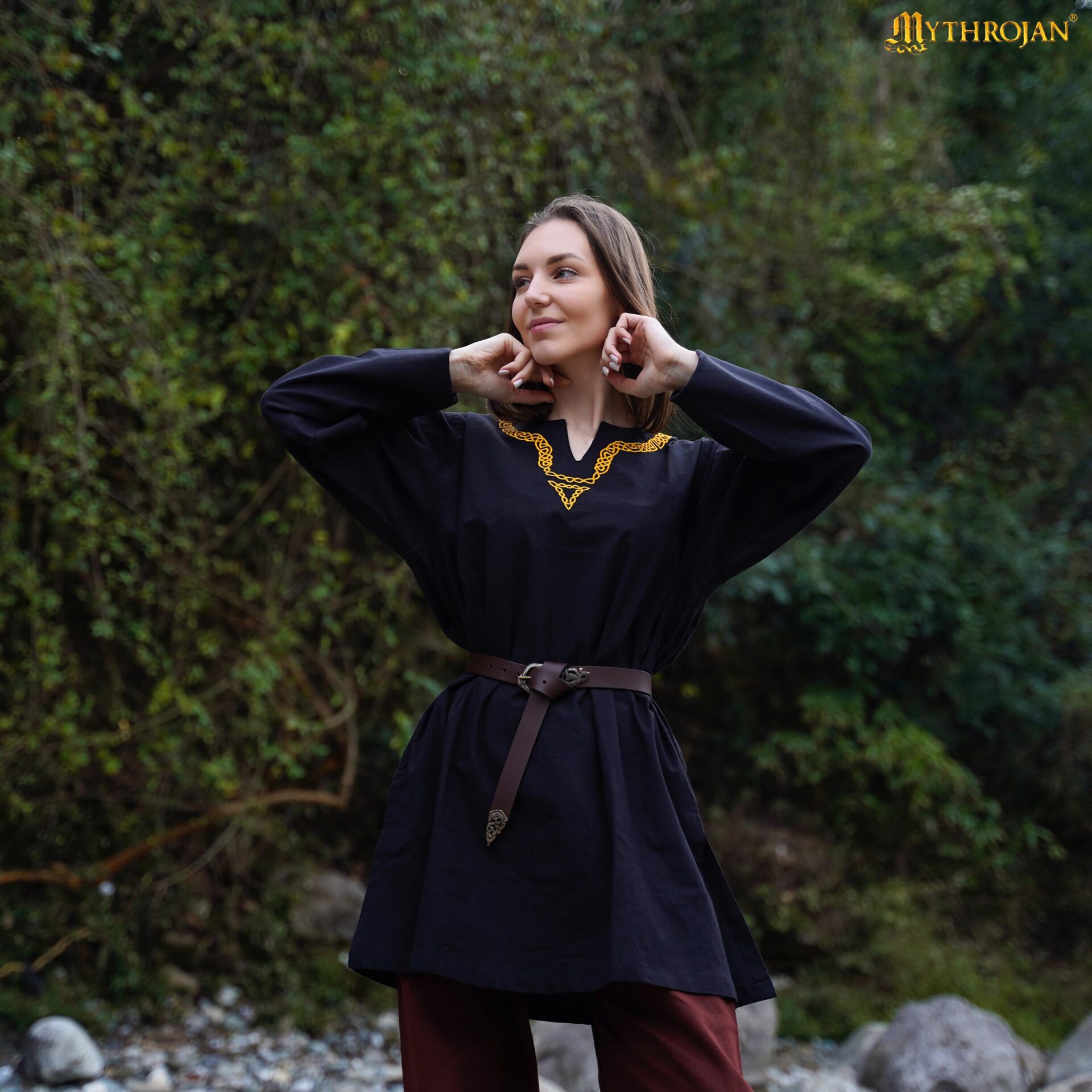 Medieval Viking Cotton Tunic with Embroidery-300836BKFS Cotton Tunic