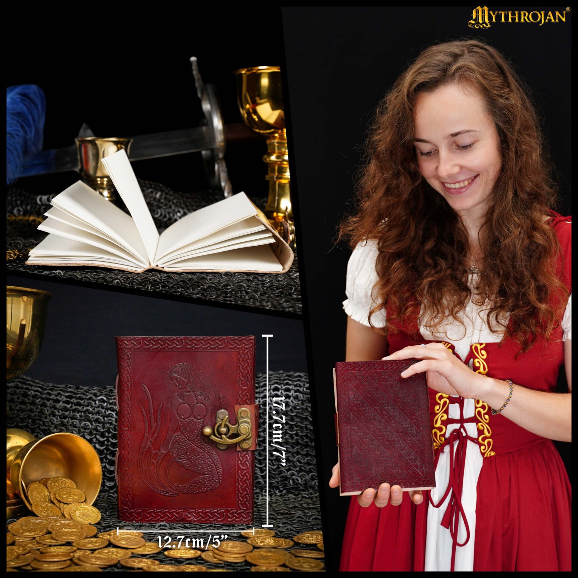 Medieval Leather Journal with lock and mermaid design