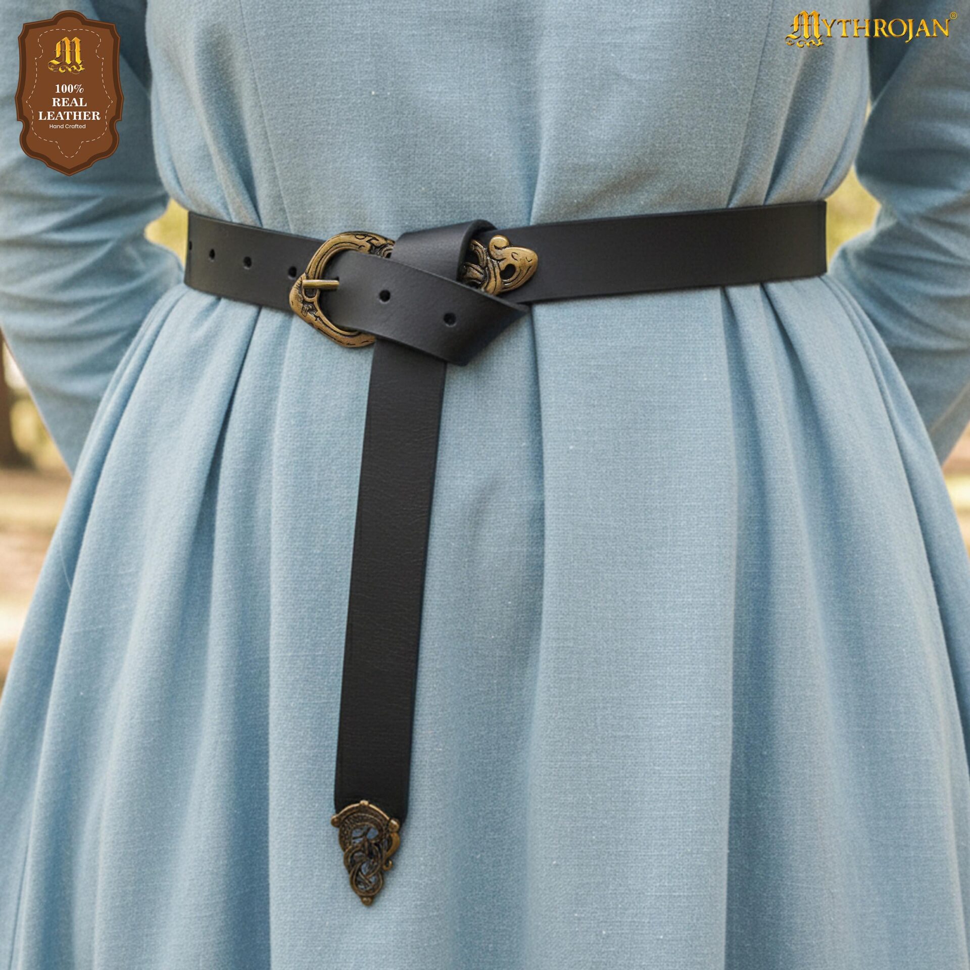 Viking Serpent Leather Belt with Brass Buckle & Chape Norse Knotwork Design-300882BK Leather Belt