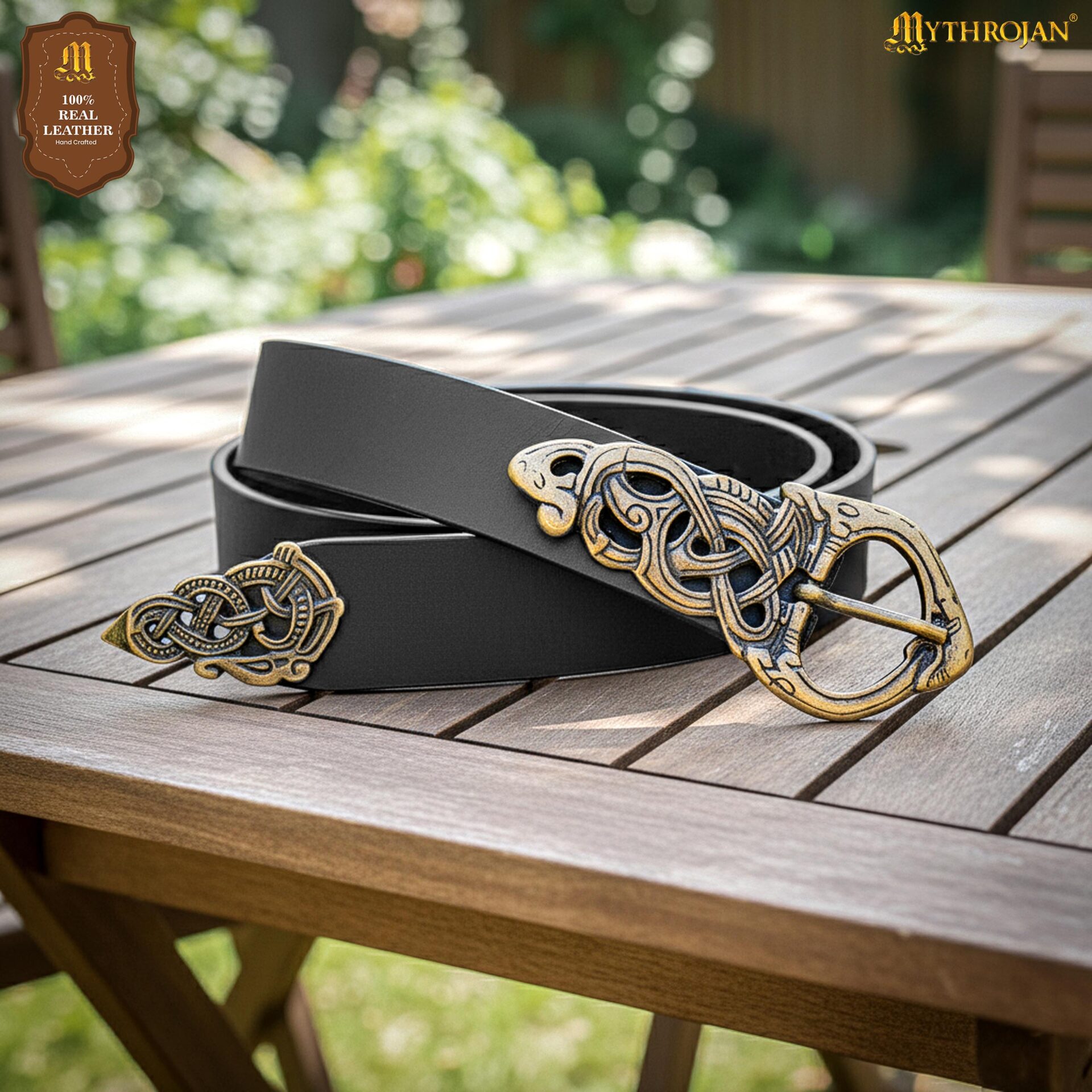 Viking Serpent Leather Belt with Brass Buckle & Chape Norse Knotwork Design-300882BK 4 Leather Belt