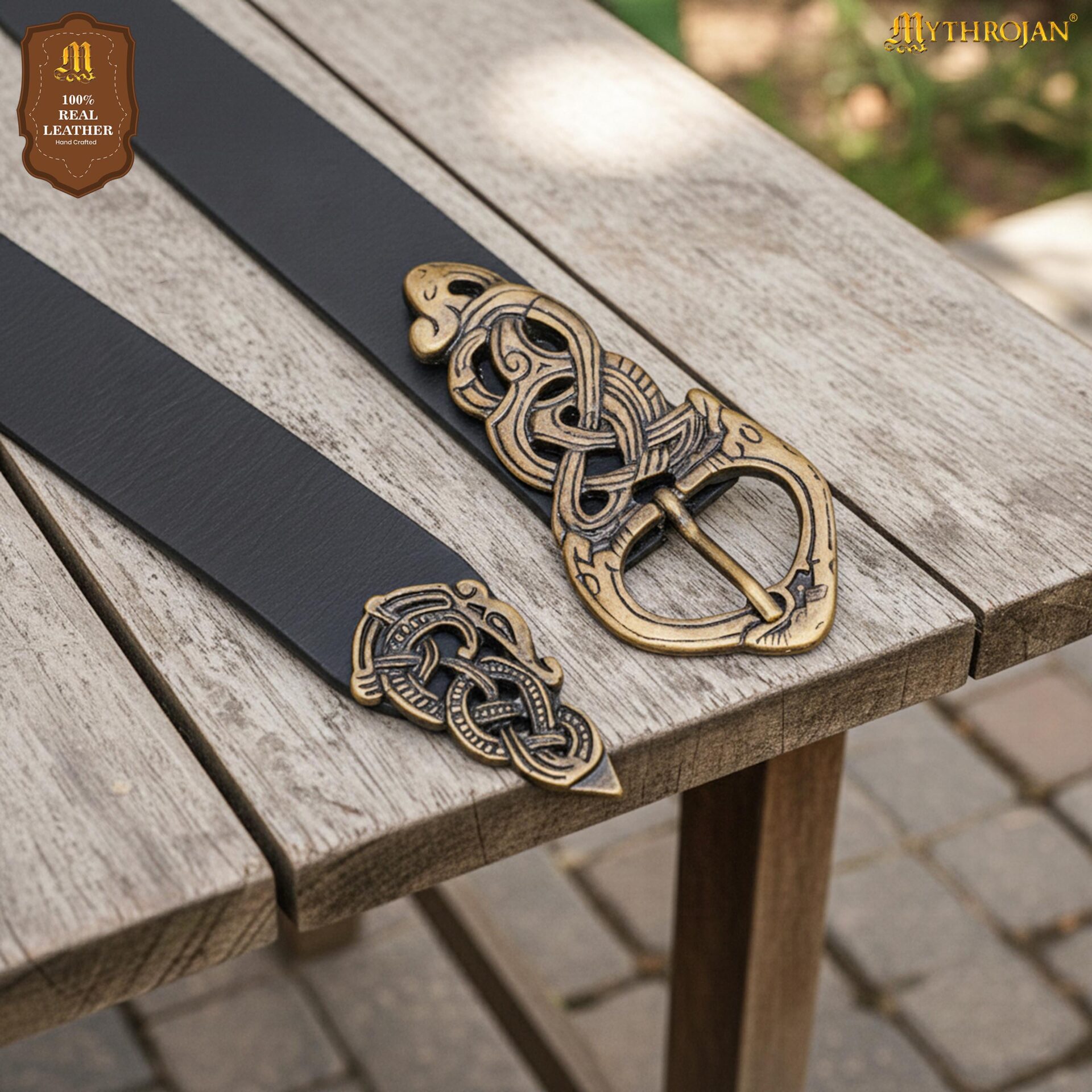 Viking Serpent Leather Belt with Brass Buckle & Chape Norse Knotwork Design-300882BK 7 Leather Belt