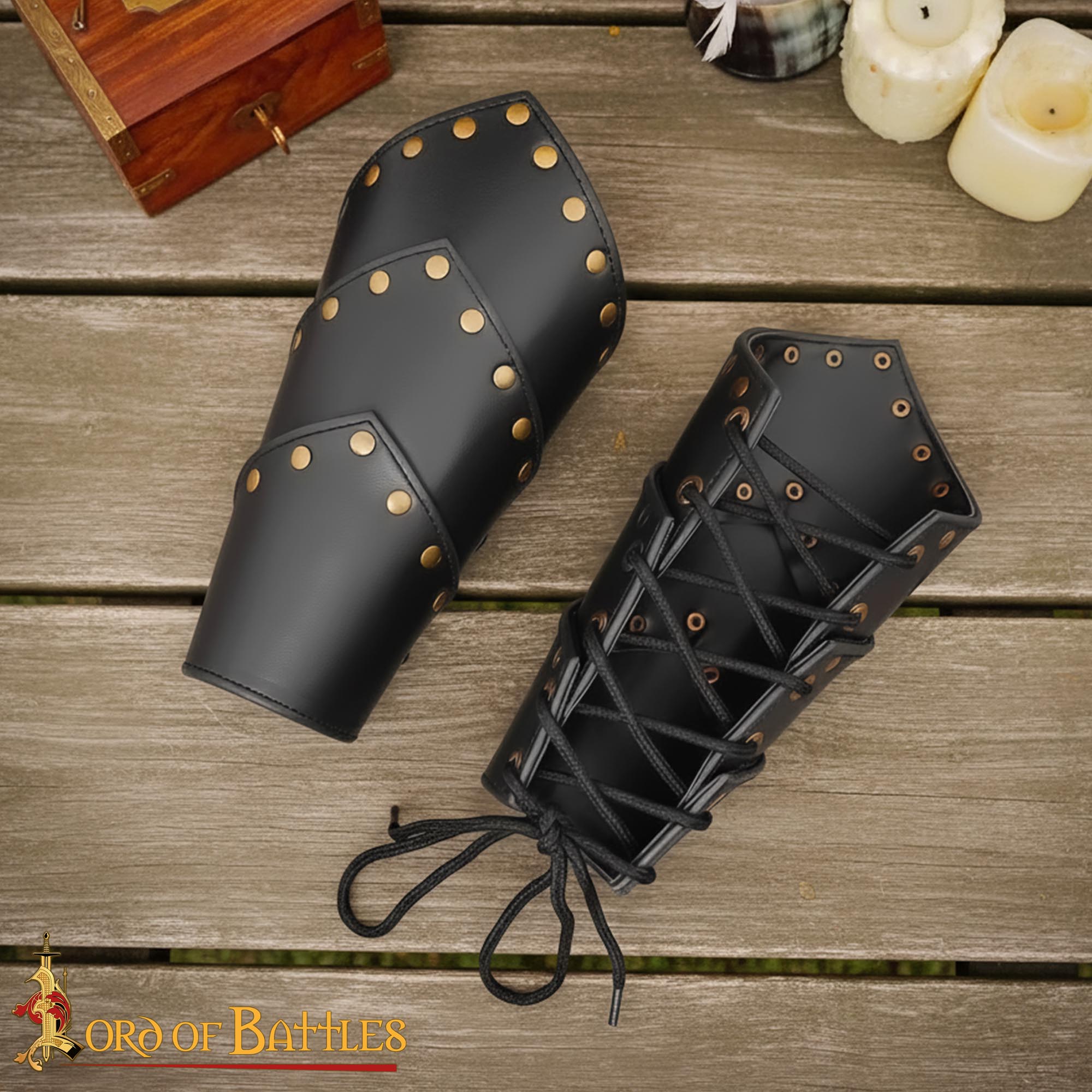 Handcrafted Leather Bracer with Brass Adornment-6104BK 5 Handcrafted Leather Bracer with Brass Adornment