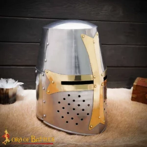 13th Century Brass Crusader Great Helmet – Polished with Brass Cross Trim