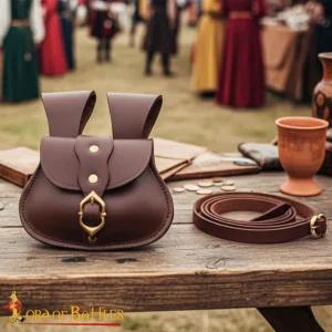Medieval Leather Belt Pouch with Brass Buckle and Matching Leather Belt