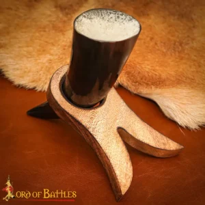 Handcrafted Wooden Viking Horn Stand with Suede Lining