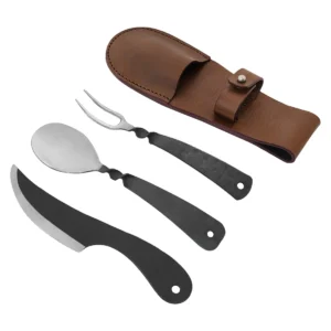 Rustic Steel Viking Cutlery Set with Leather Pouch