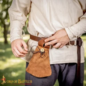 Medieval Suede Leather Belt Pouch with Ox Horn Button